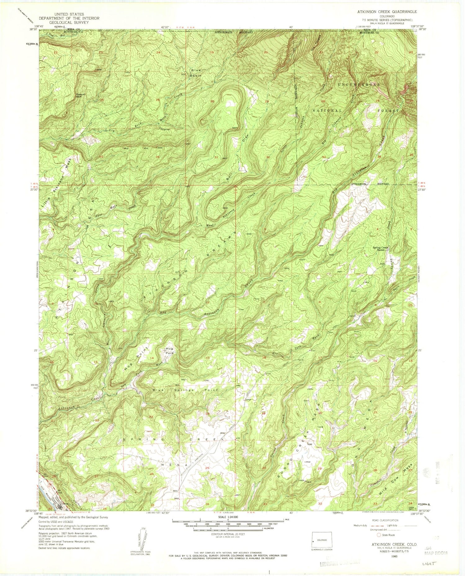 Classic USGS Atkinson Creek Colorado 7.5'x7.5' Topo Map Image