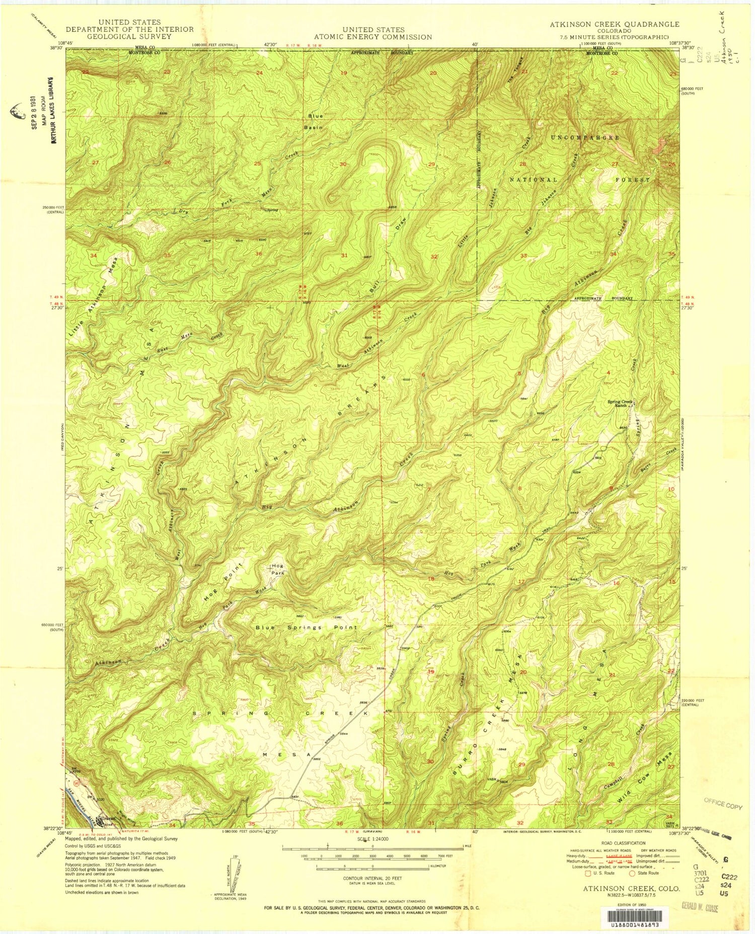 Classic USGS Atkinson Creek Colorado 7.5'x7.5' Topo Map Image