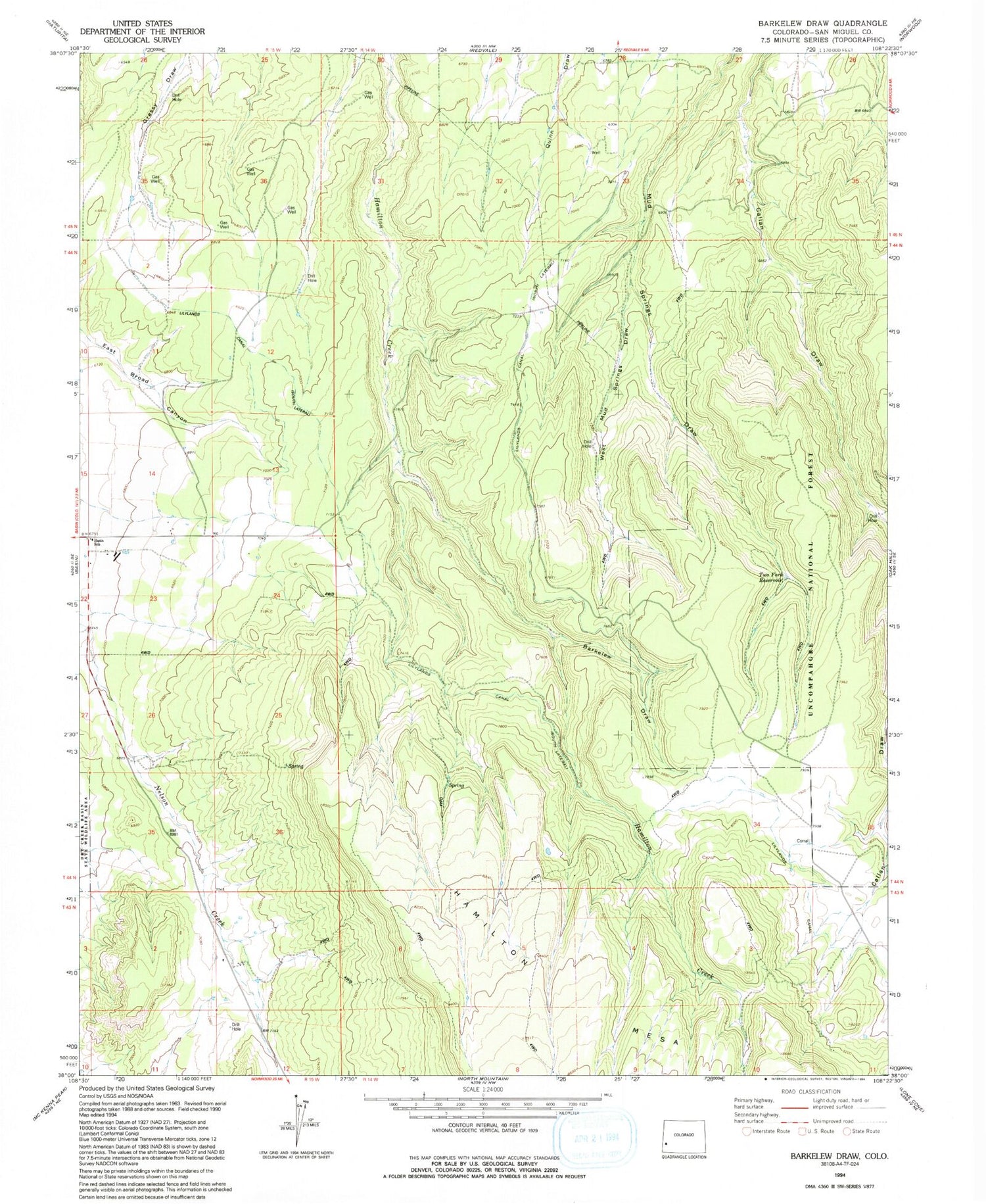 Classic USGS Barkelew Draw Colorado 7.5'x7.5' Topo Map Image