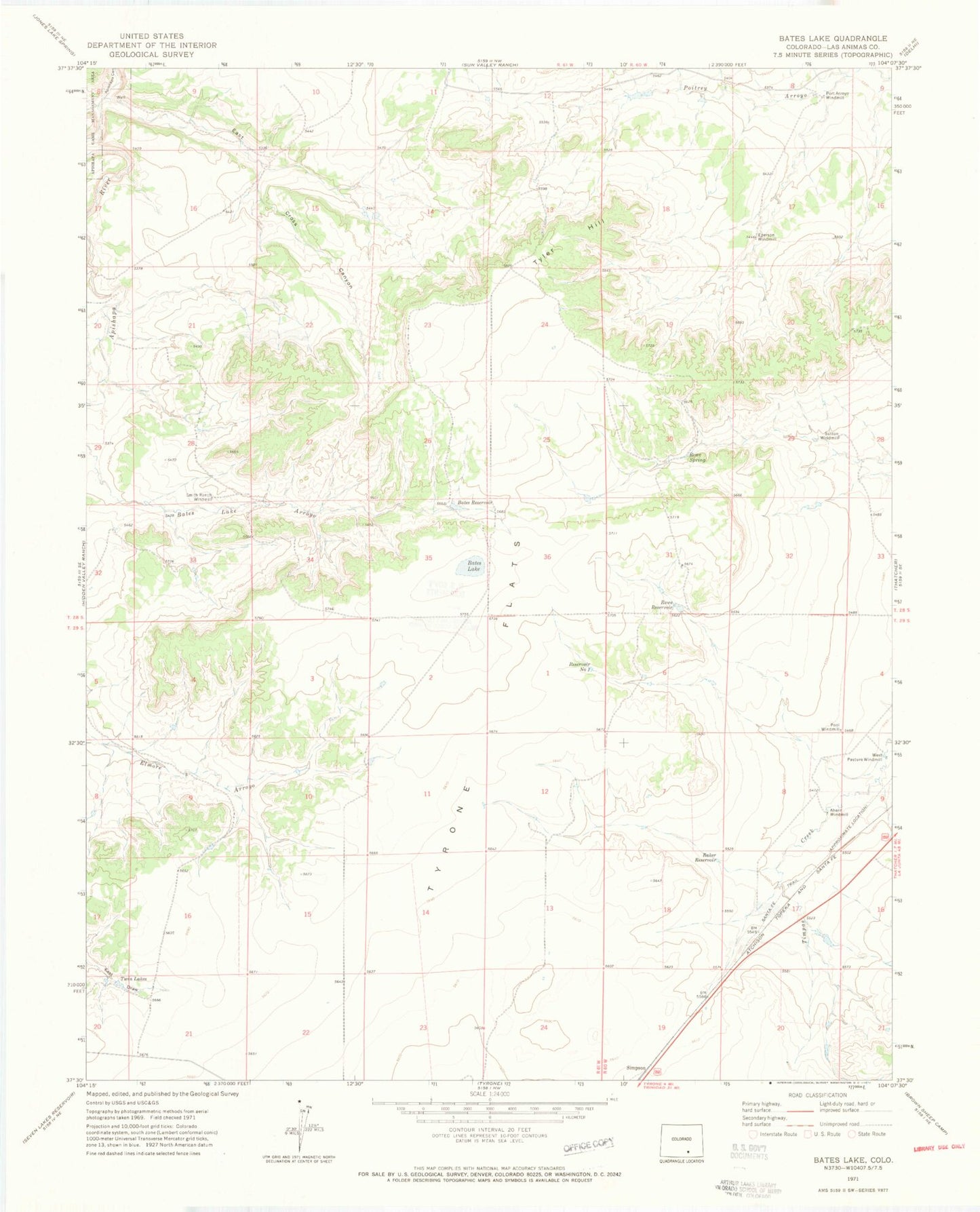 Classic USGS Bates Lake Colorado 7.5'x7.5' Topo Map Image