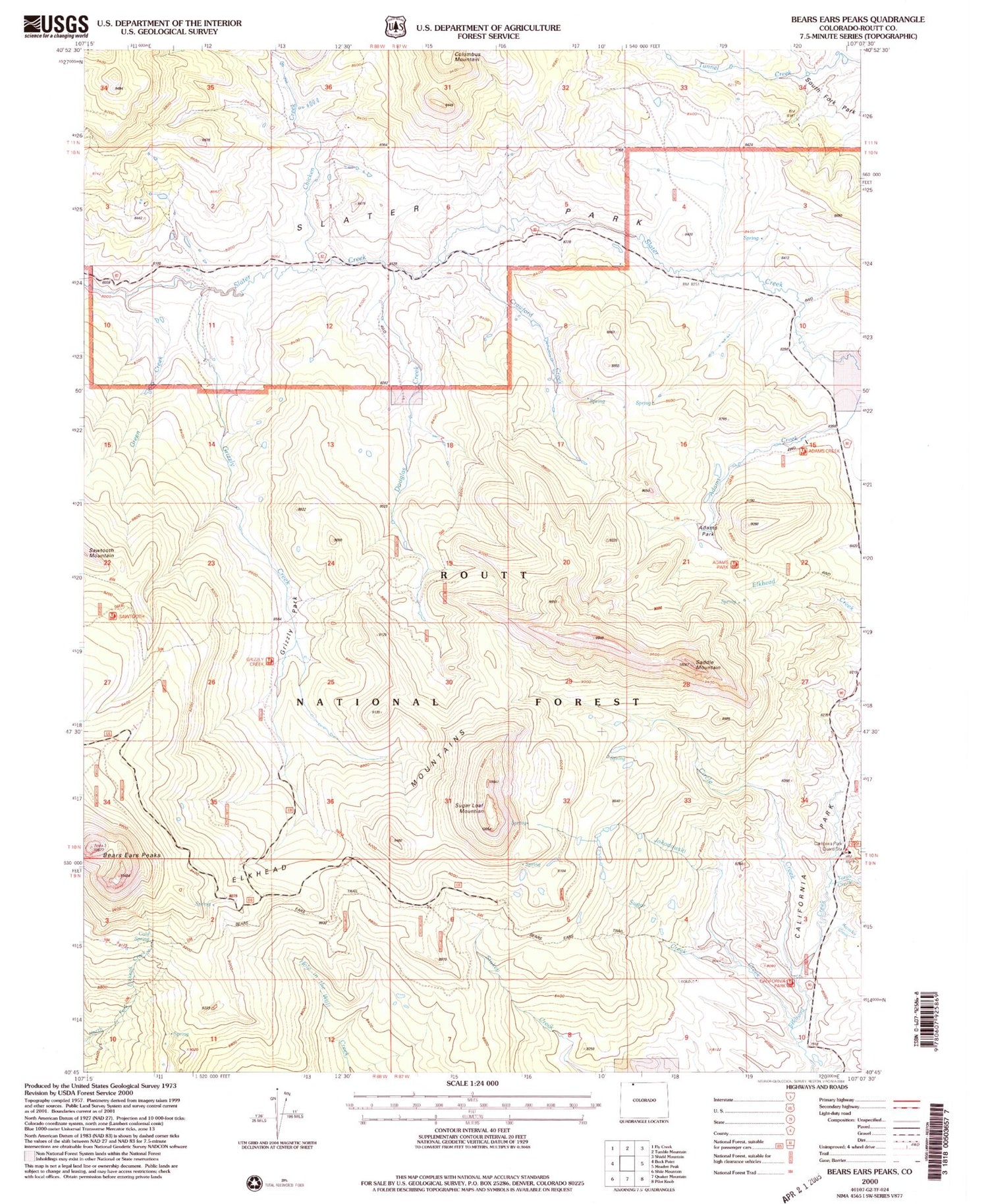 Classic USGS Bears Ears Peaks Colorado 7.5'x7.5' Topo Map Image