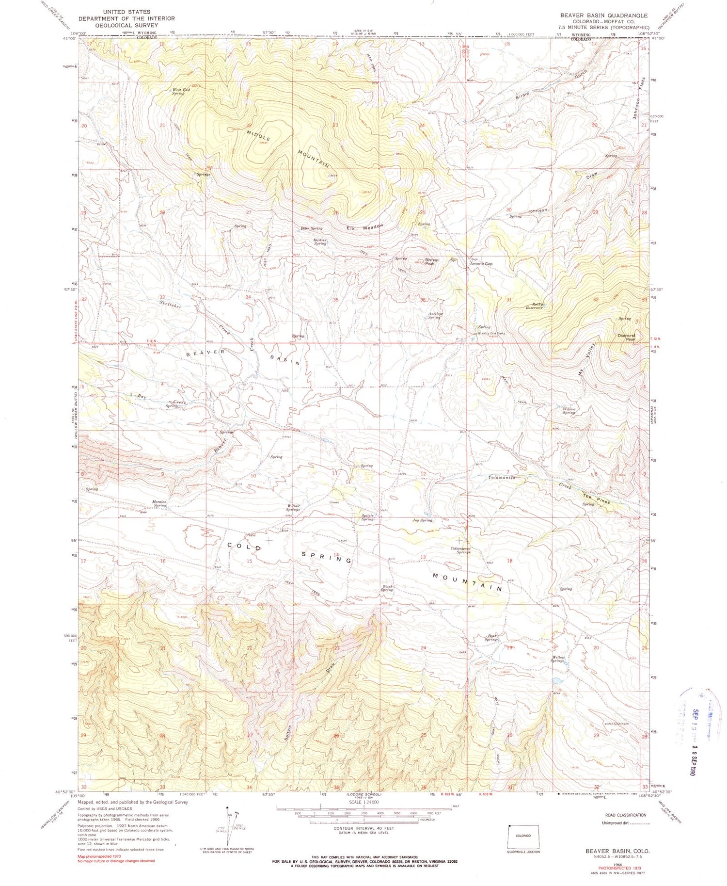Classic USGS Beaver Basin Colorado 7.5'x7.5' Topo Map Image