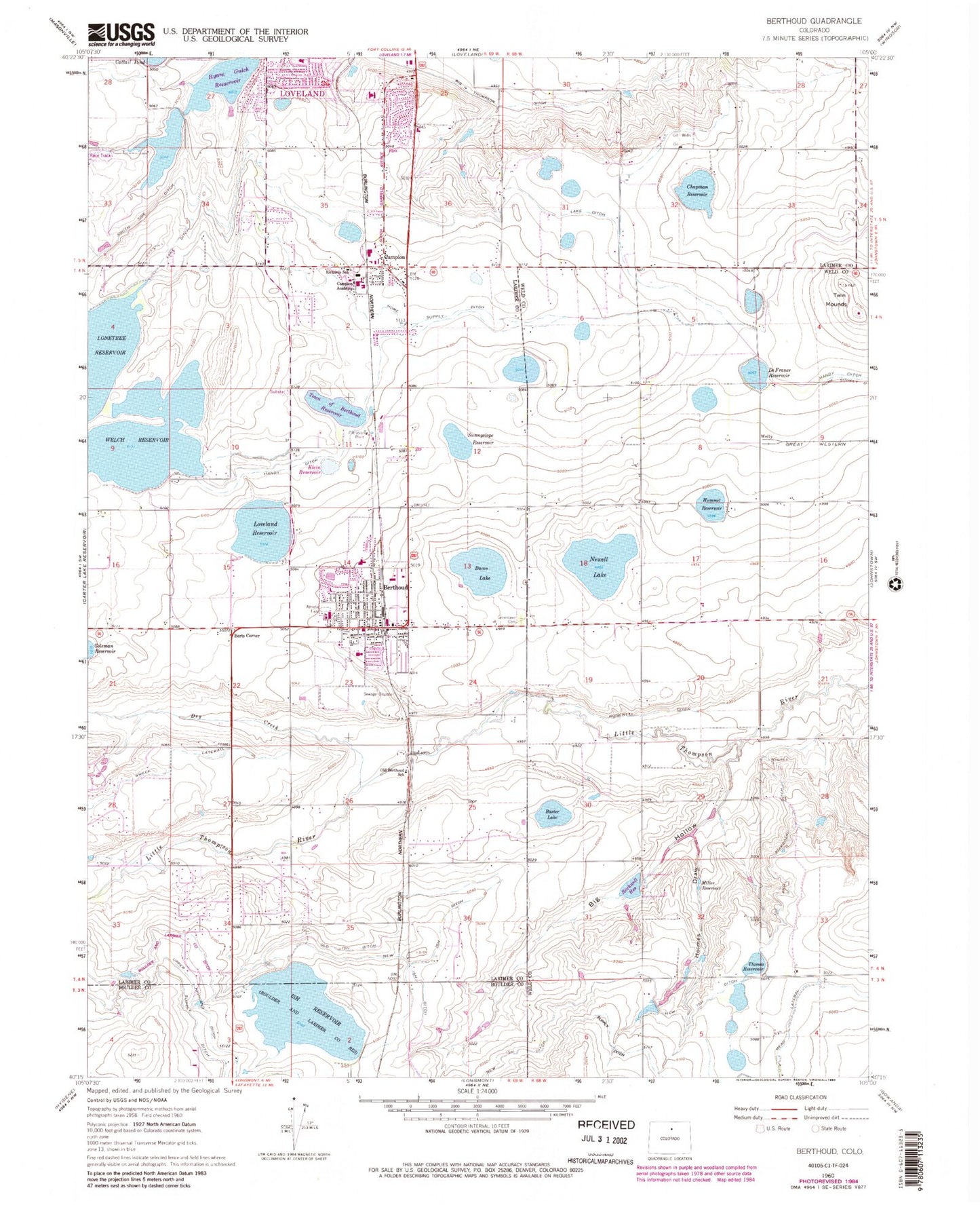 Classic USGS Berthoud Colorado 7.5'x7.5' Topo Map Image