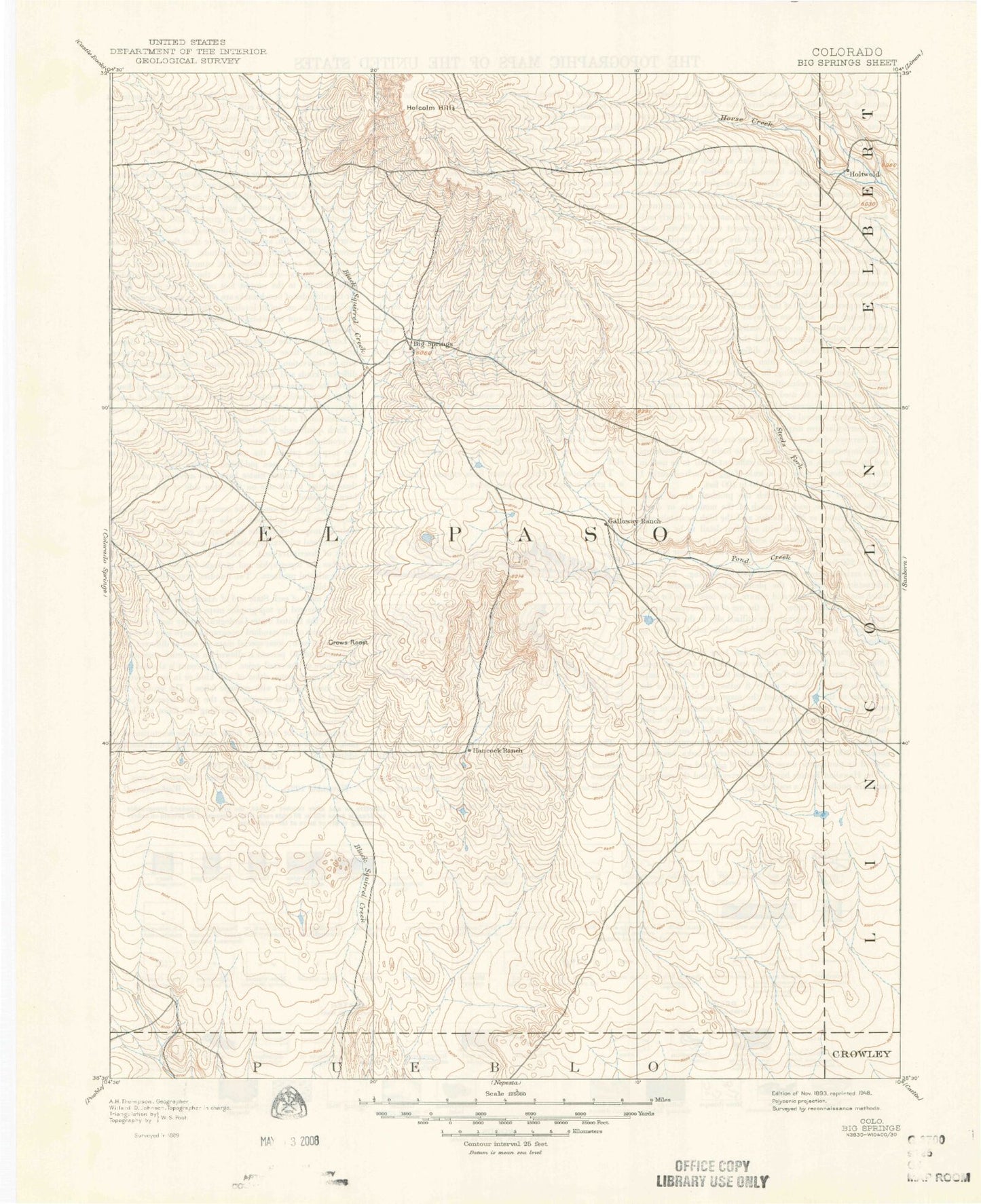 Historic 1893 Big Springs Colorado 30'x30' Topo Map Image
