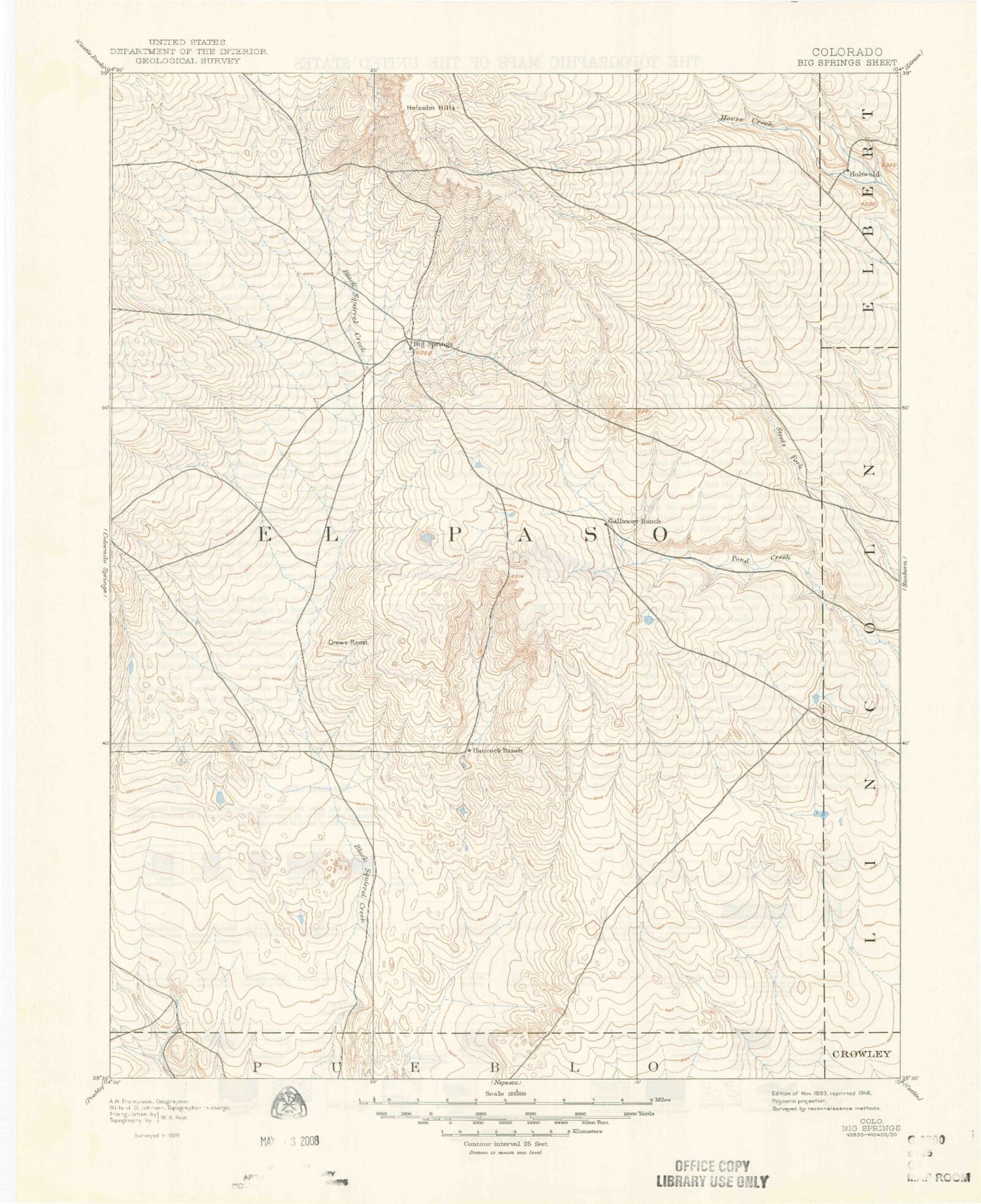 Historic 1893 Big Springs Colorado 30'x30' Topo Map Image