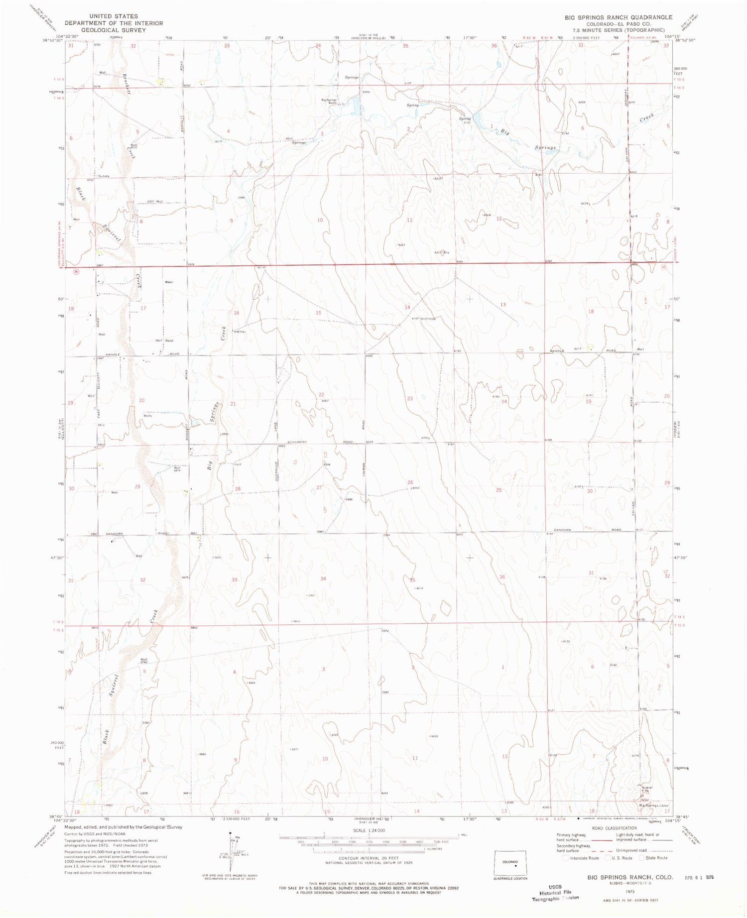 Classic USGS Big Springs Ranch Colorado 7.5'x7.5' Topo Map Image