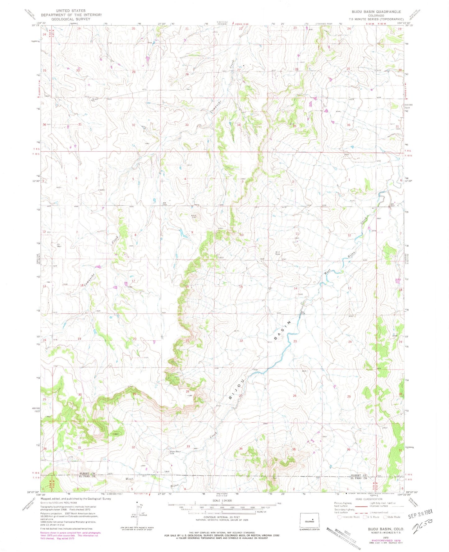 Classic USGS Bijou Basin Colorado 7.5'x7.5' Topo Map Image