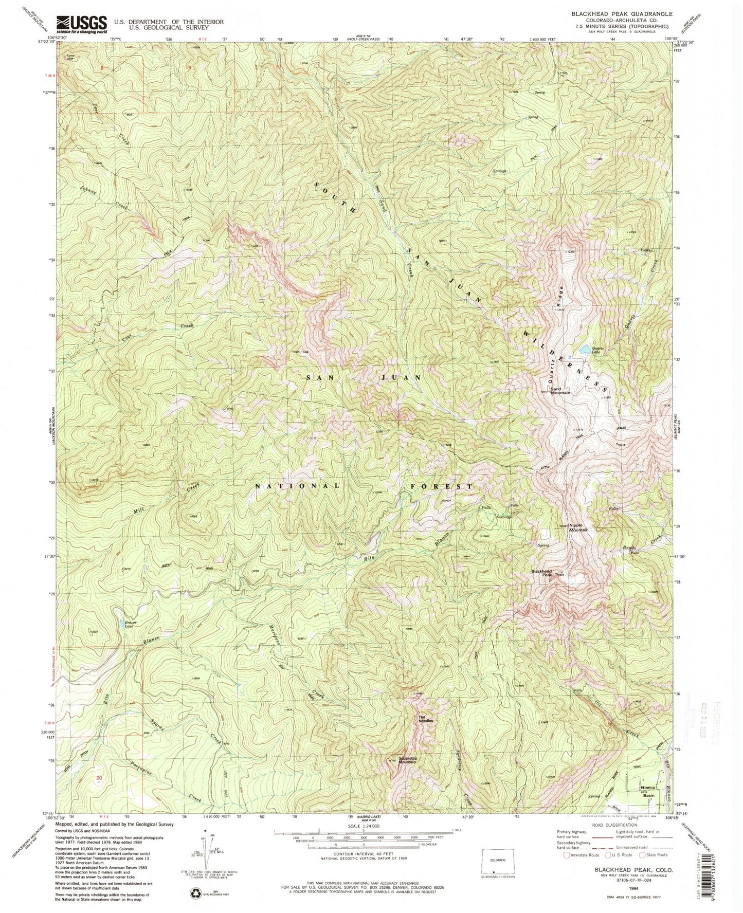 USGS Classic Blackhead Peak Colorado 7.5'x7.5' Topo Map Image