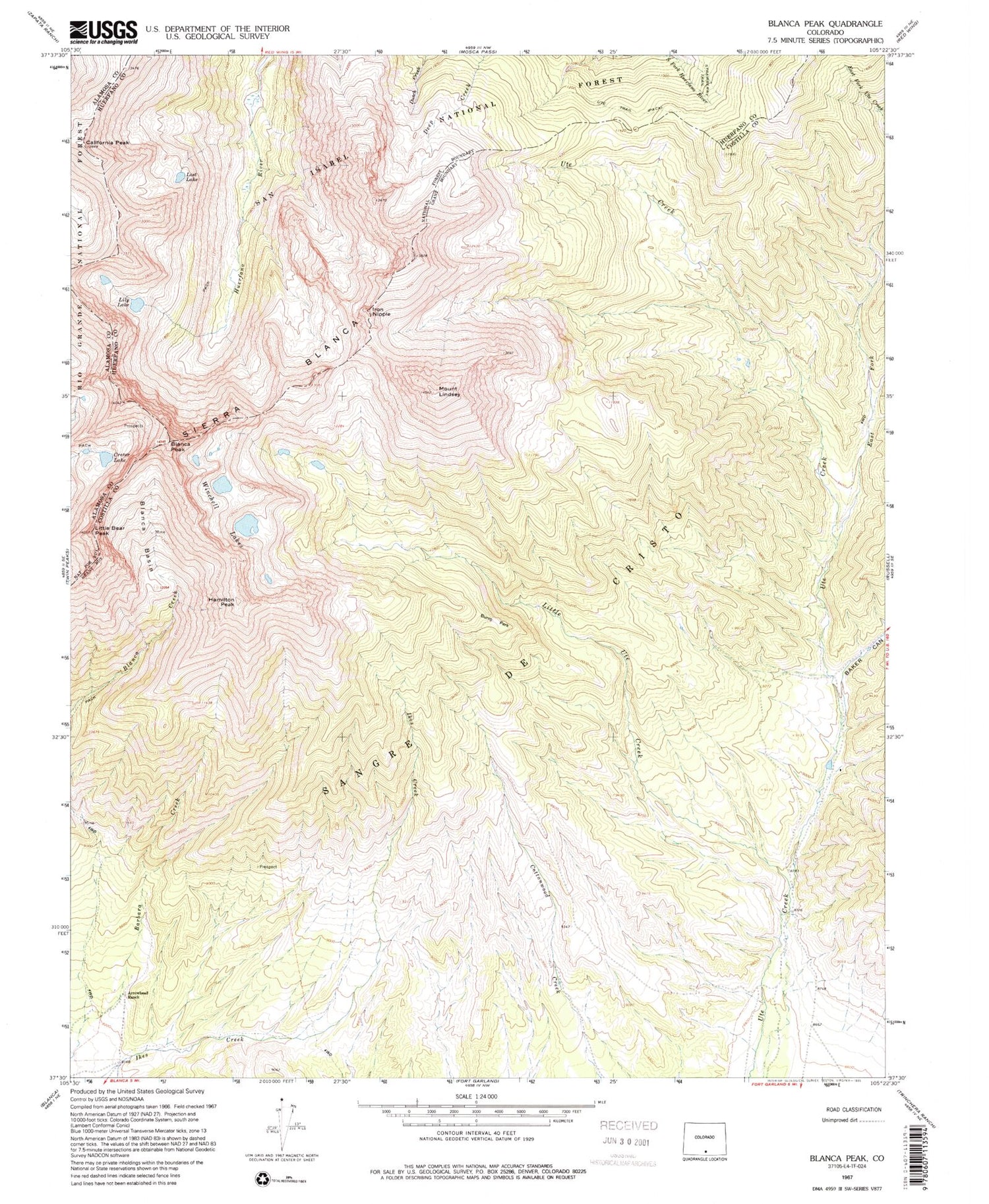 Classic USGS Blanca Peak Colorado 7.5'x7.5' Topo Map Image