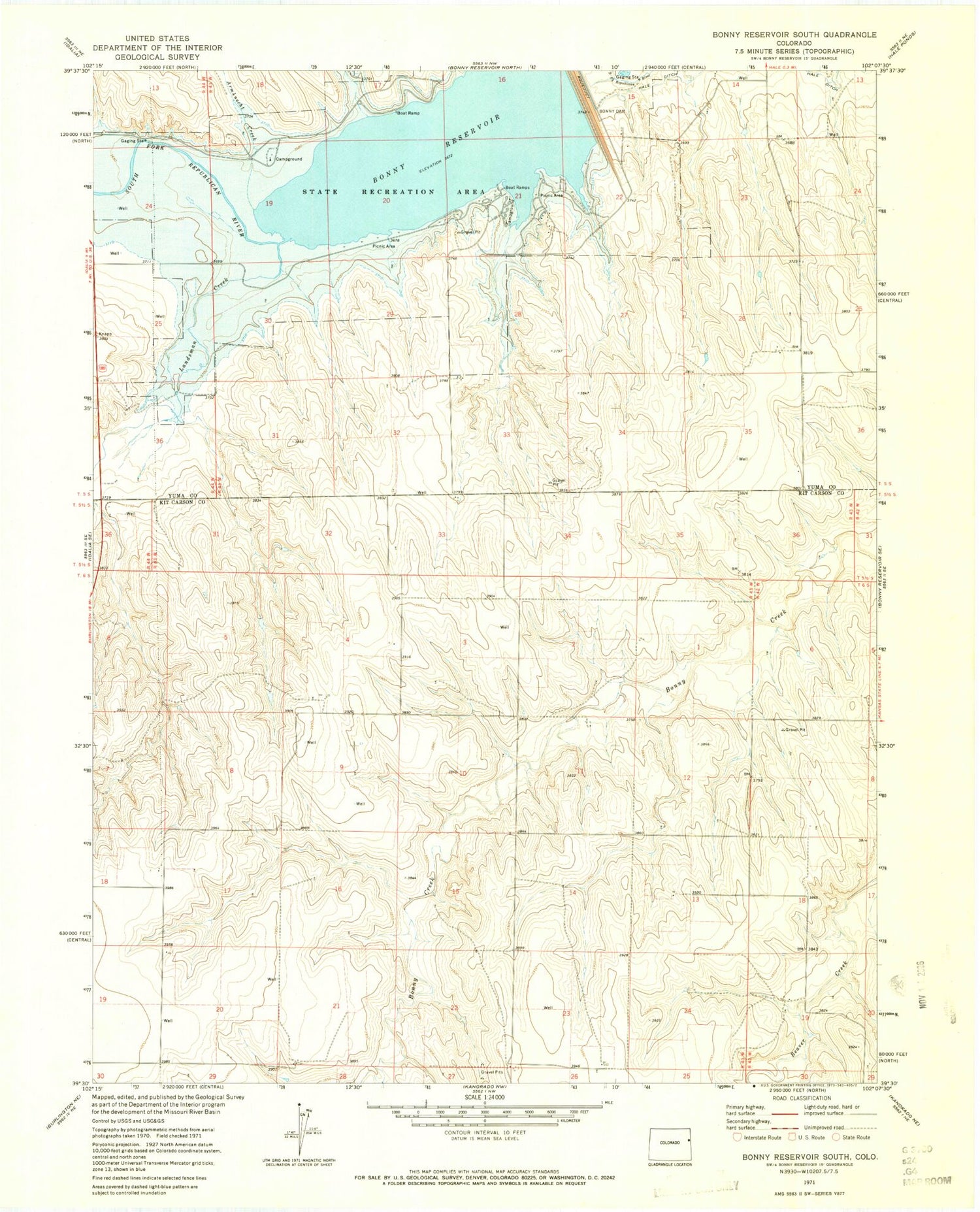 Classic USGS Bonny Reservoir South Colorado 7.5'x7.5' Topo Map Image
