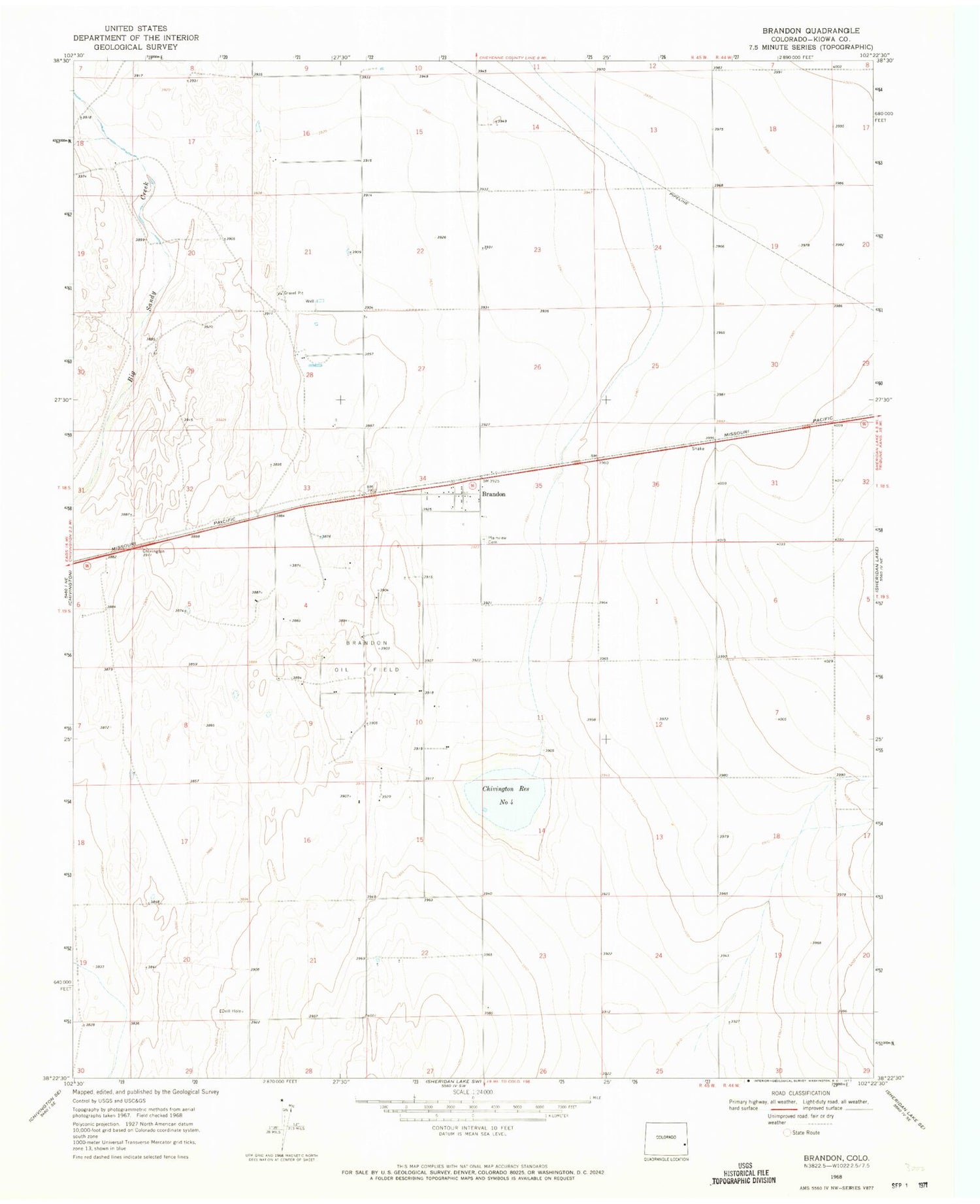 Classic USGS Brandon Colorado 7.5'x7.5' Topo Map Image