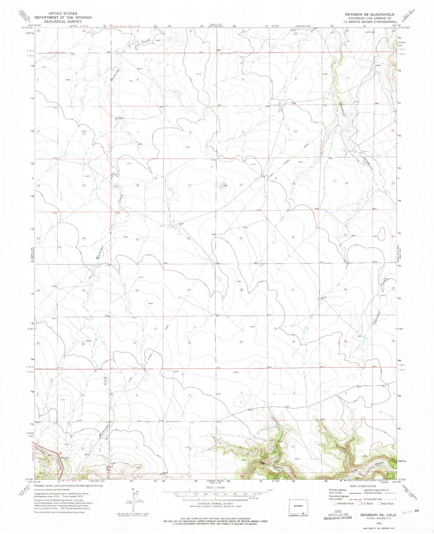 Classic USGS Branson SE Colorado 7.5'x7.5' Topo Map Image
