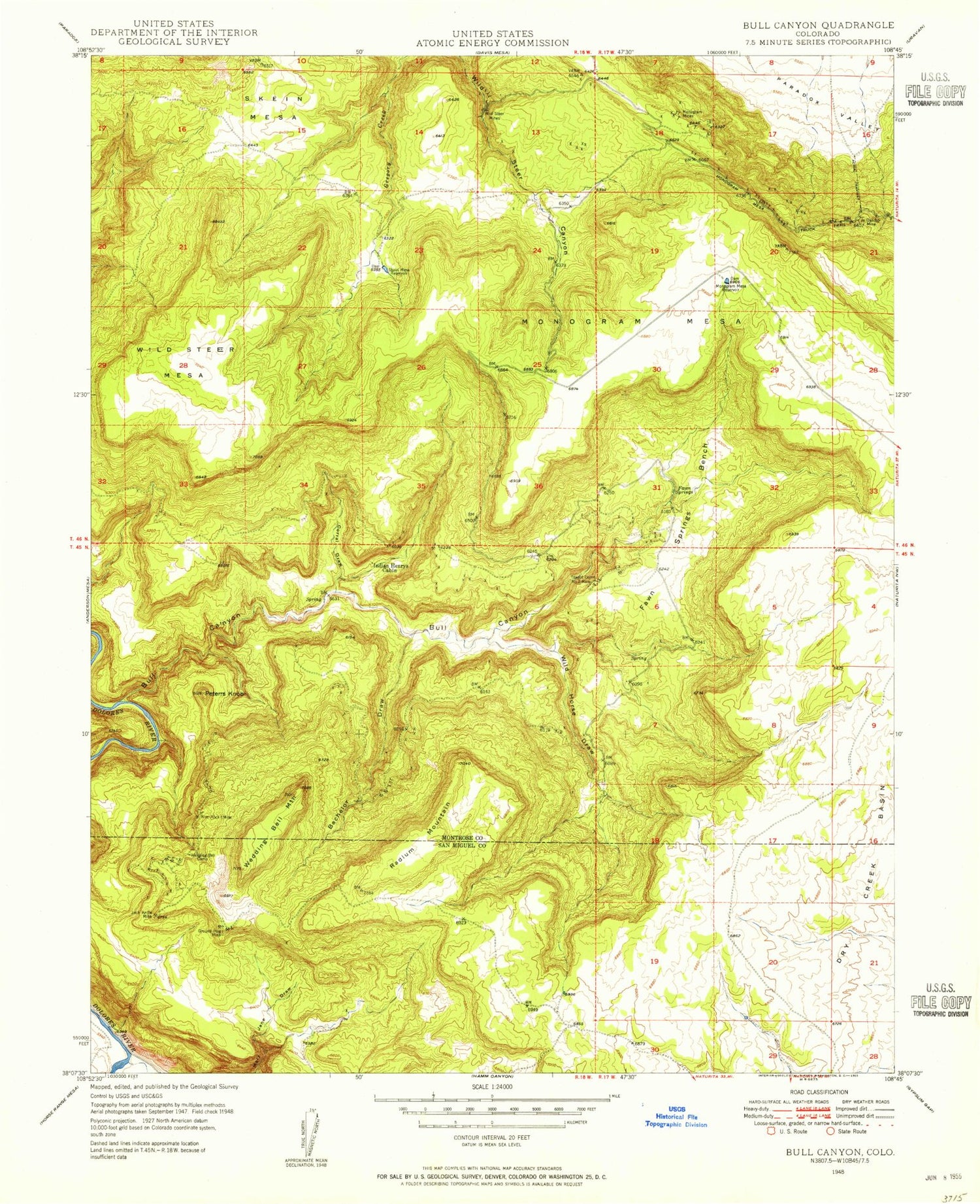 Classic USGS Bull Canyon Colorado 7.5'x7.5' Topo Map Image