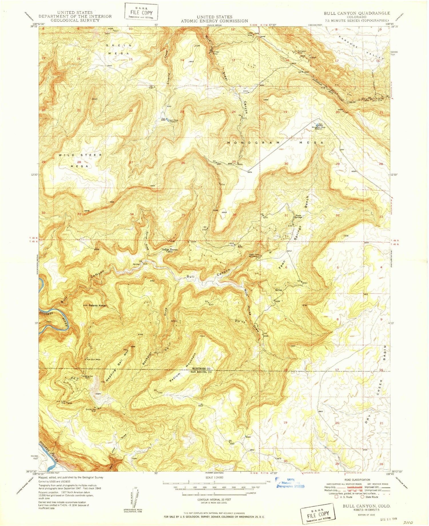Classic USGS Bull Canyon Colorado 7.5'x7.5' Topo Map Image