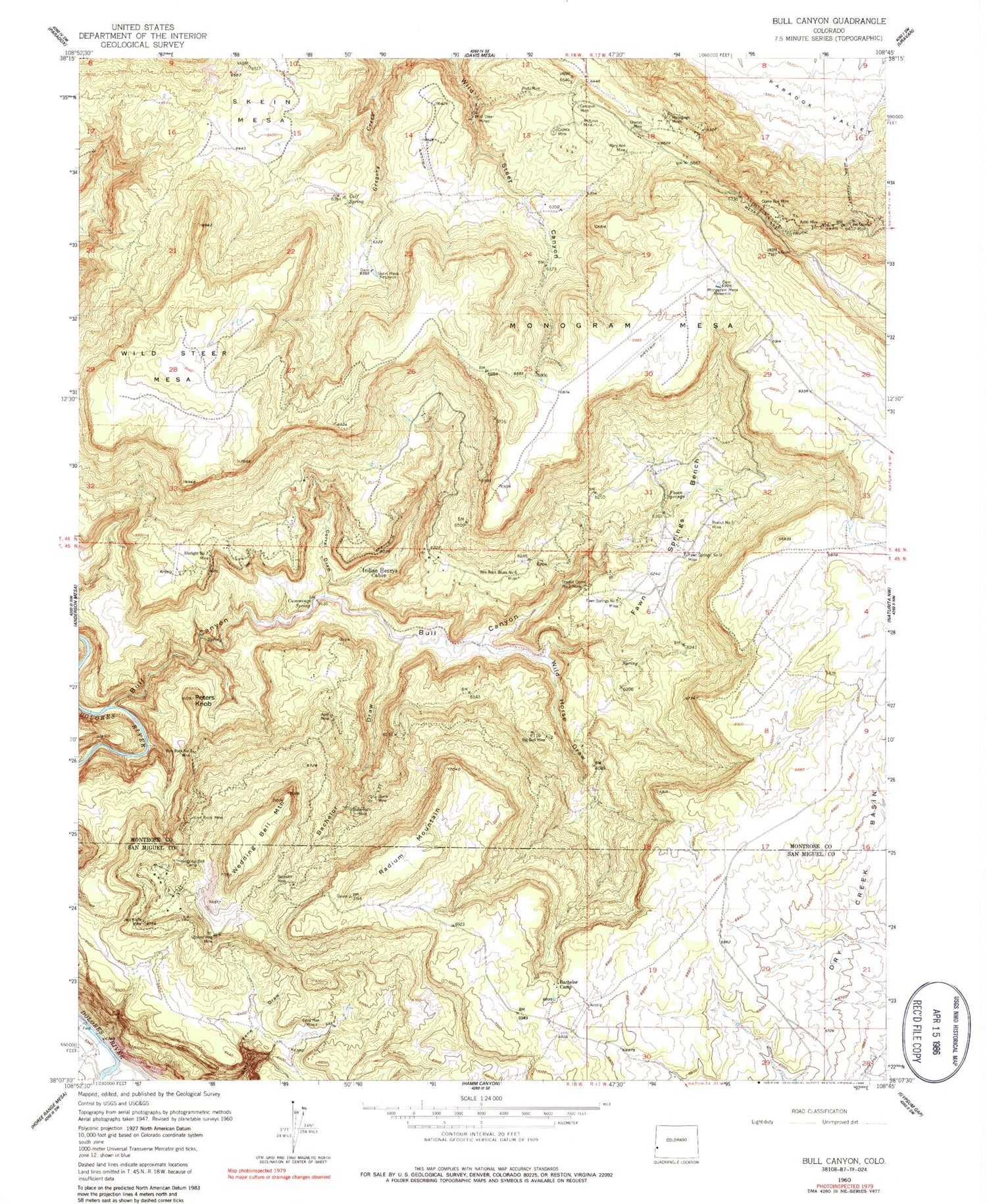 Classic USGS Bull Canyon Colorado 7.5'x7.5' Topo Map Image