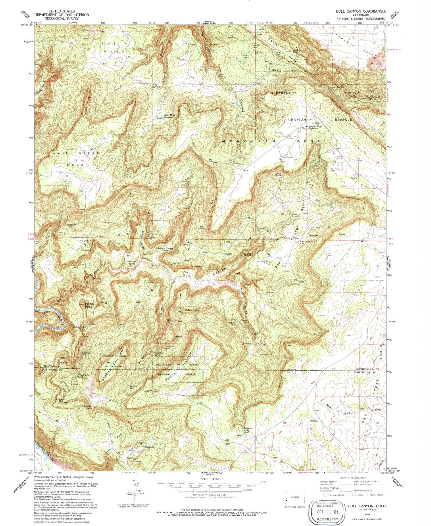 Classic USGS Bull Canyon Colorado 7.5'x7.5' Topo Map Image