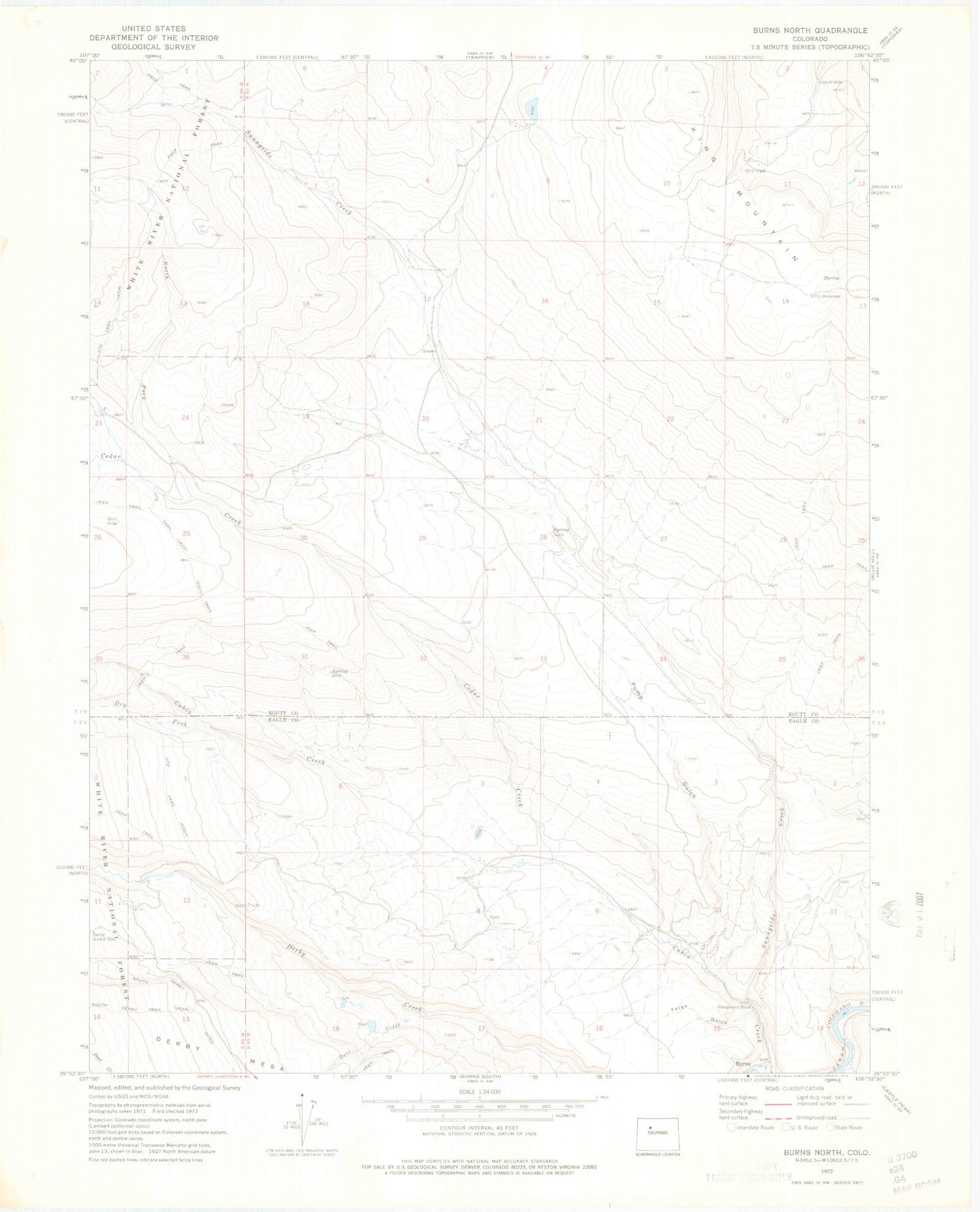 Classic USGS Burns North Colorado 7.5'x7.5' Topo Map Image