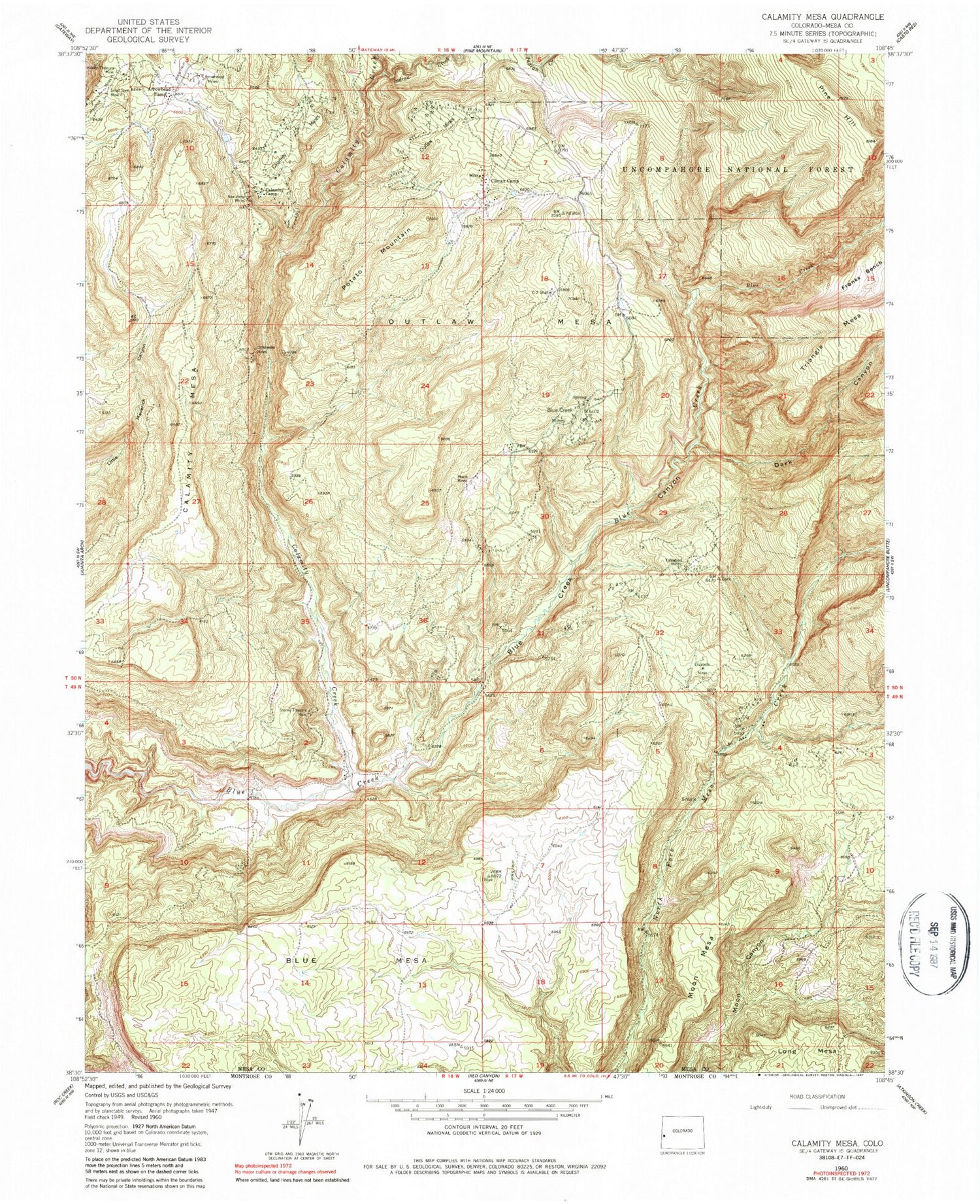 Classic USGS Calamity Mesa Colorado 7.5'x7.5' Topo Map Image