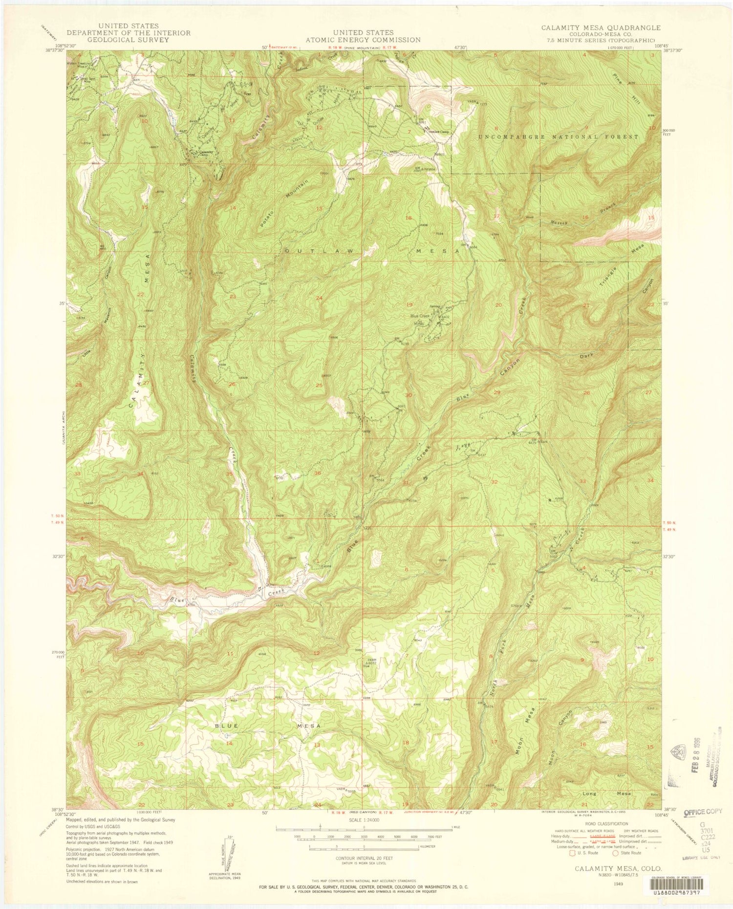Classic USGS Calamity Mesa Colorado 7.5'x7.5' Topo Map Image