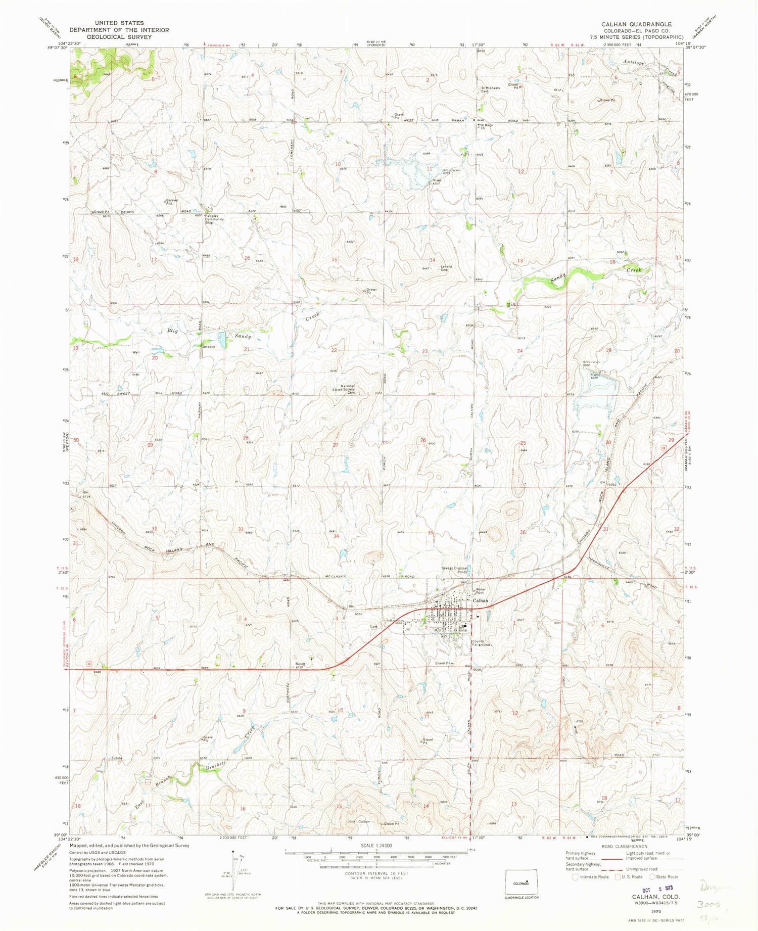 Classic USGS Calhan Colorado 7.5'x7.5' Topo Map Image