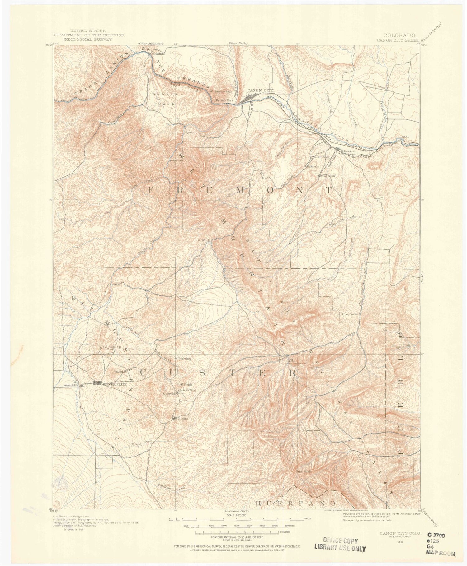 Historic 1889 Canon City Colorado 30'x30' Topo Map Image