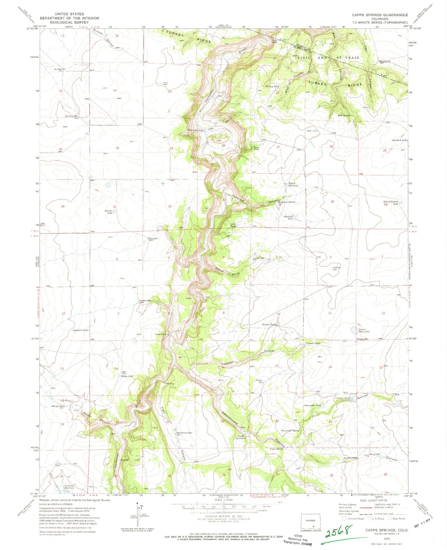 Classic USGS Capps Springs Colorado 7.5'x7.5' Topo Map Image
