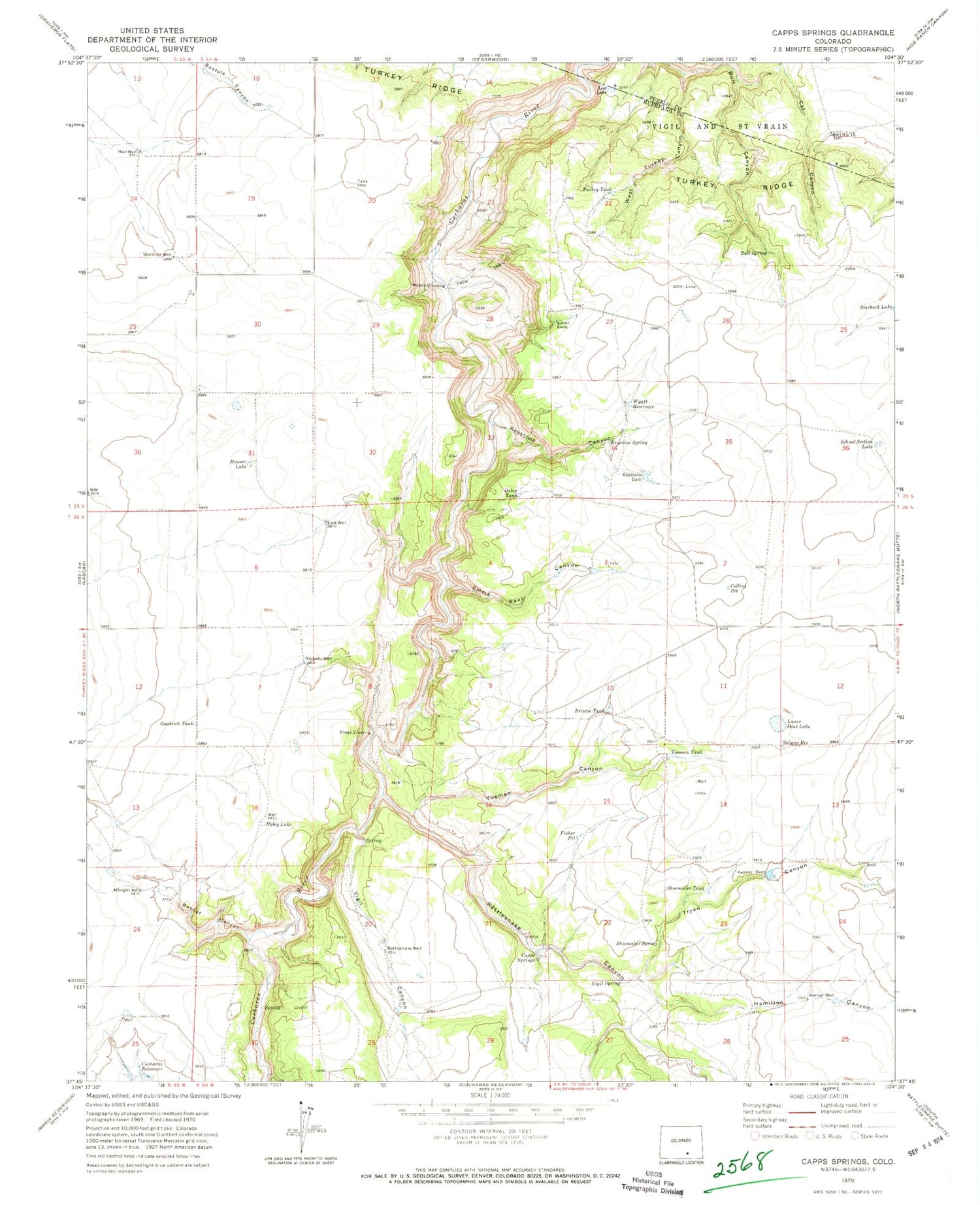 Classic USGS Capps Springs Colorado 7.5'x7.5' Topo Map Image
