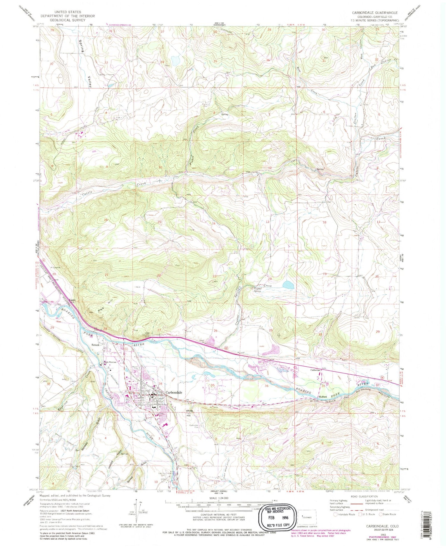 Classic USGS Carbondale Colorado 7.5'x7.5' Topo Map Image