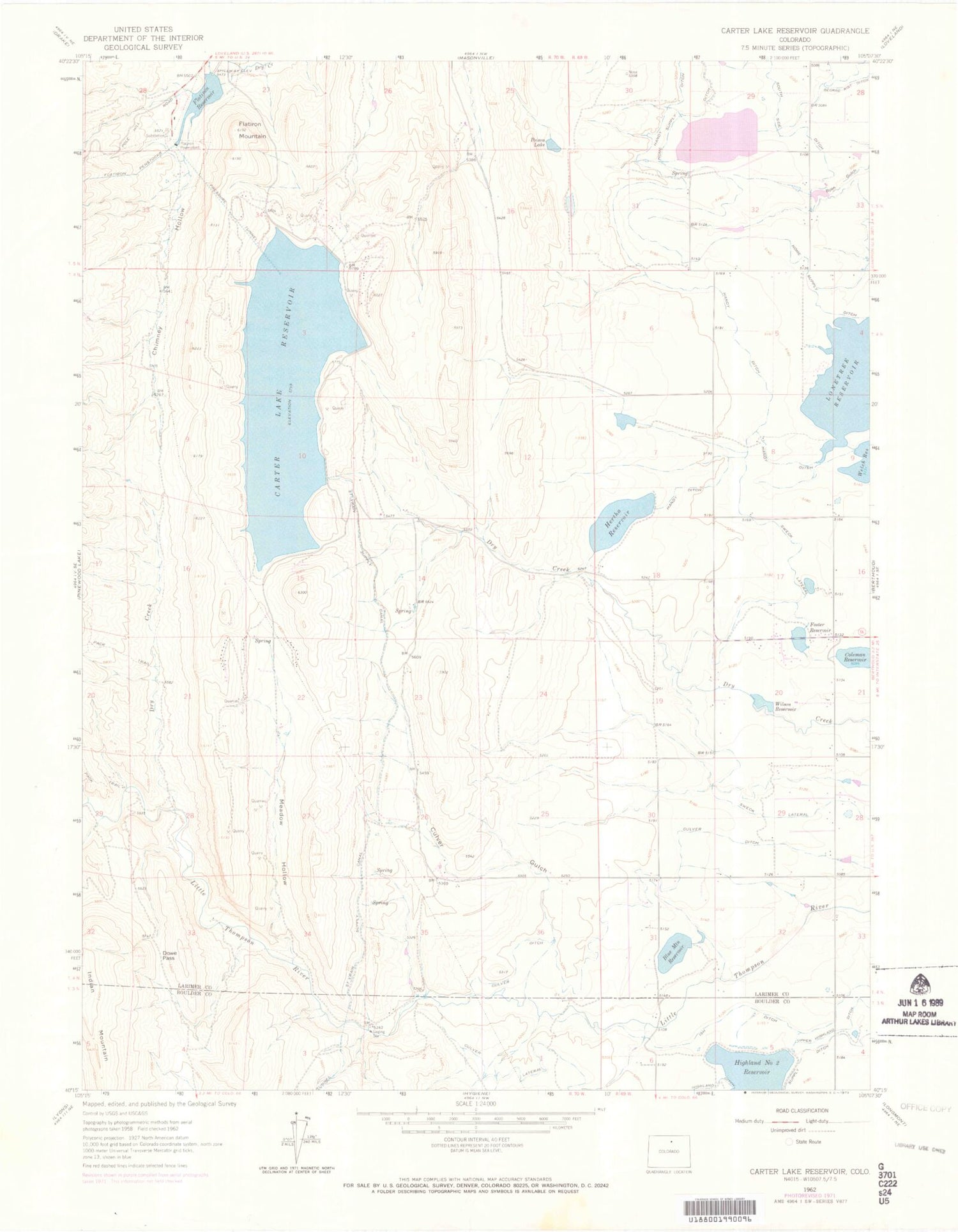 Classic USGS Carter Lake Reservoir Colorado 7.5'x7.5' Topo Map Image