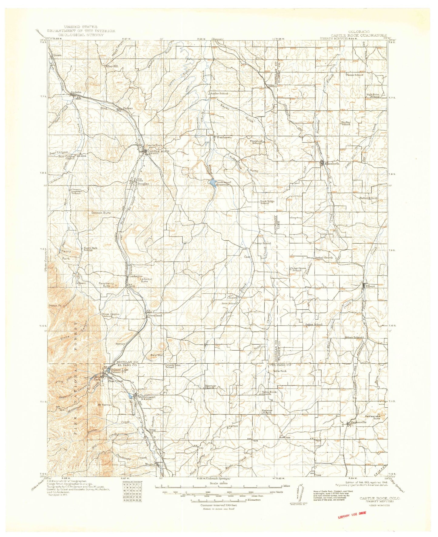 Historic 1913 Castle Rock Colorado 30'x30' Topo Map Image
