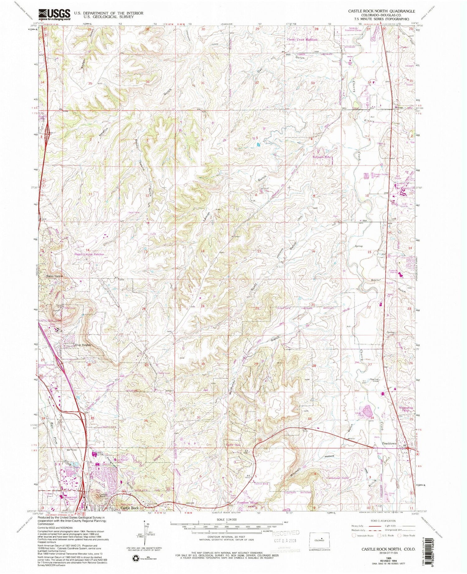 Classic USGS Castle Rock North Colorado 7.5'x7.5' Topo Map Image