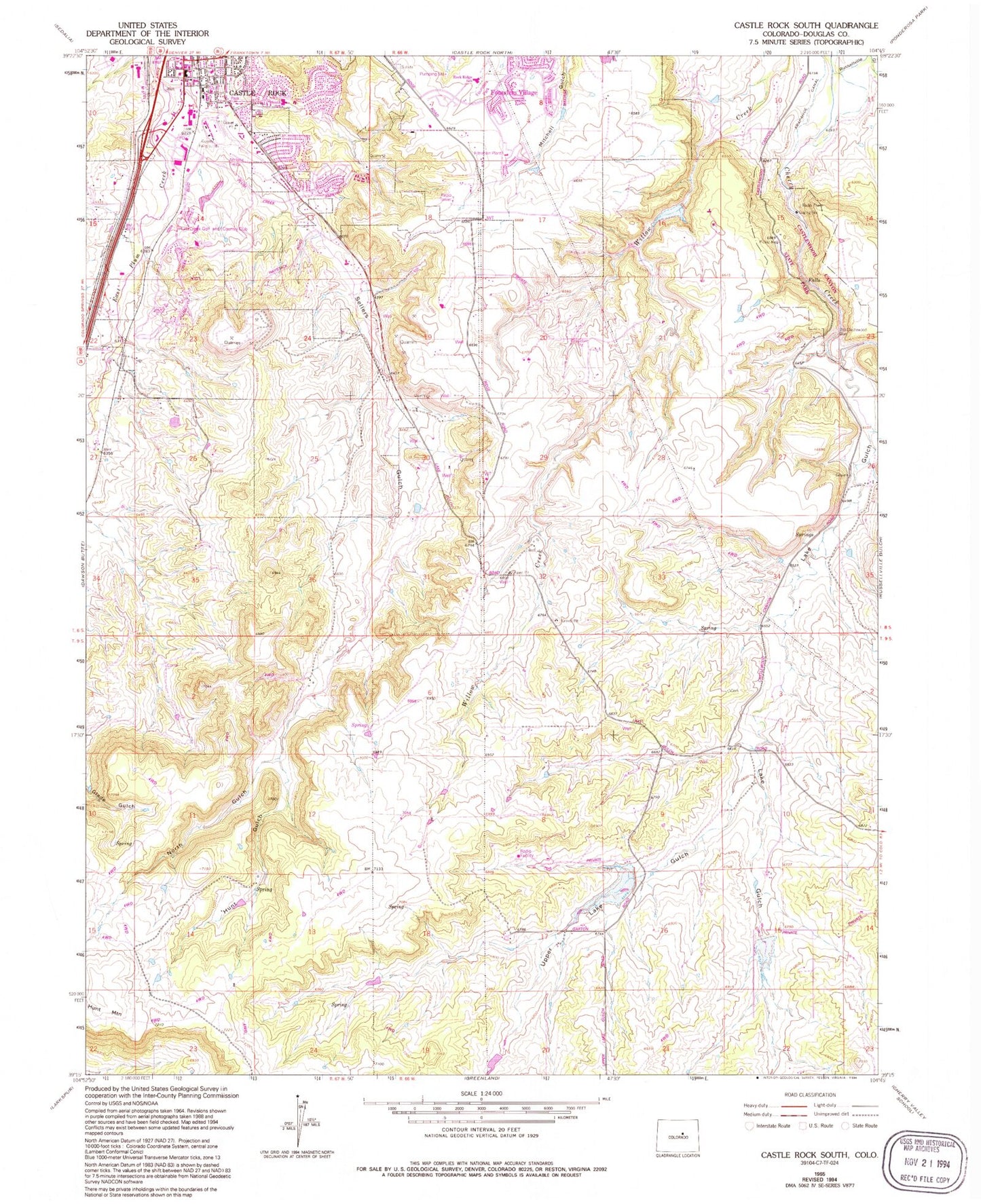 Classic USGS Castle Rock South Colorado 7.5'x7.5' Topo Map Image