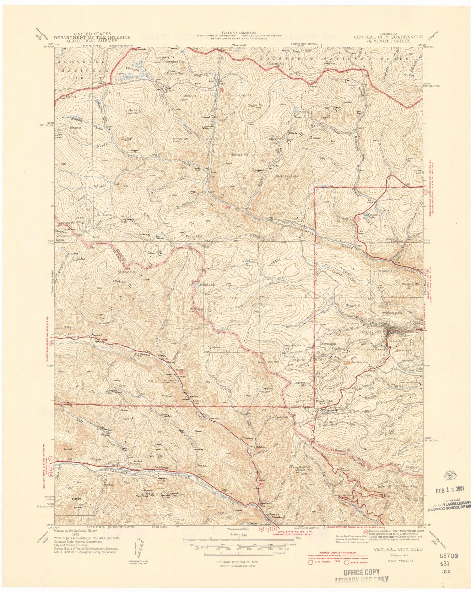 Classic USGS Central City Colorado 7.5'x7.5' Topo Map Image