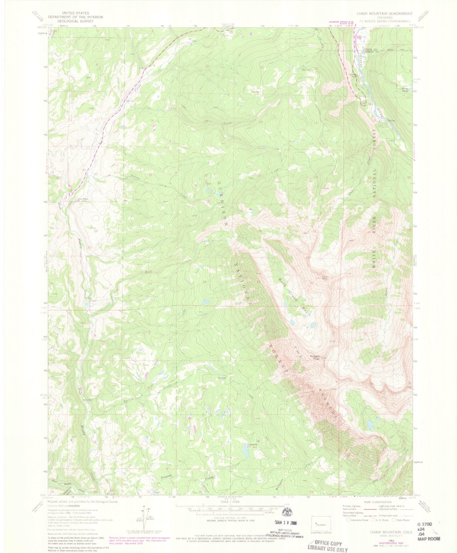 Classic USGS Chair Mountain Colorado 7.5'x7.5' Topo Map Image