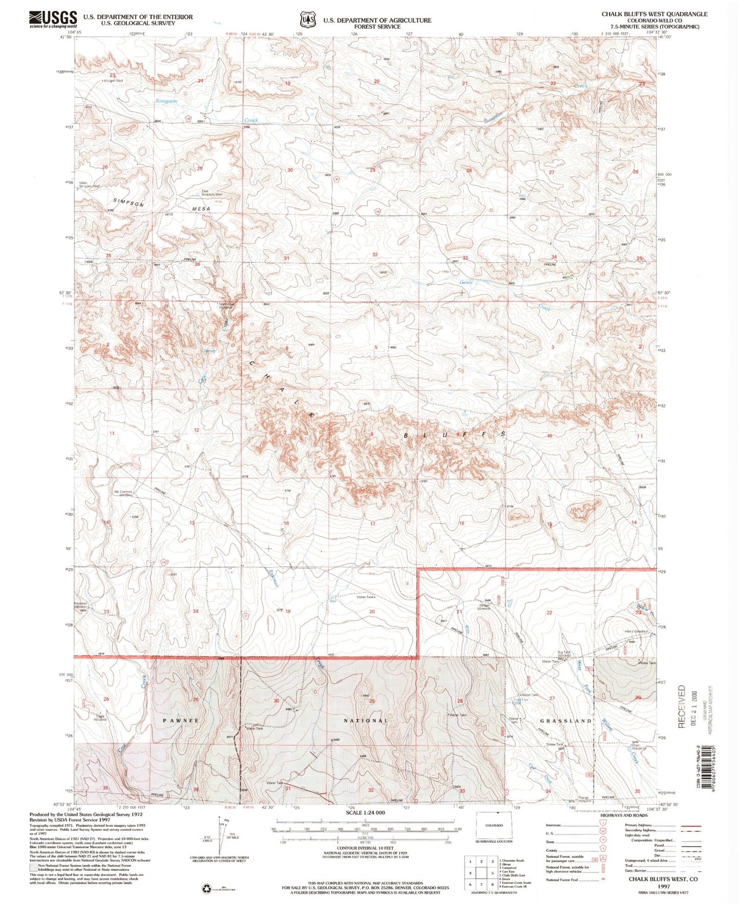 Classic USGS Chalk Bluffs West Colorado 7.5'x7.5' Topo Map Image