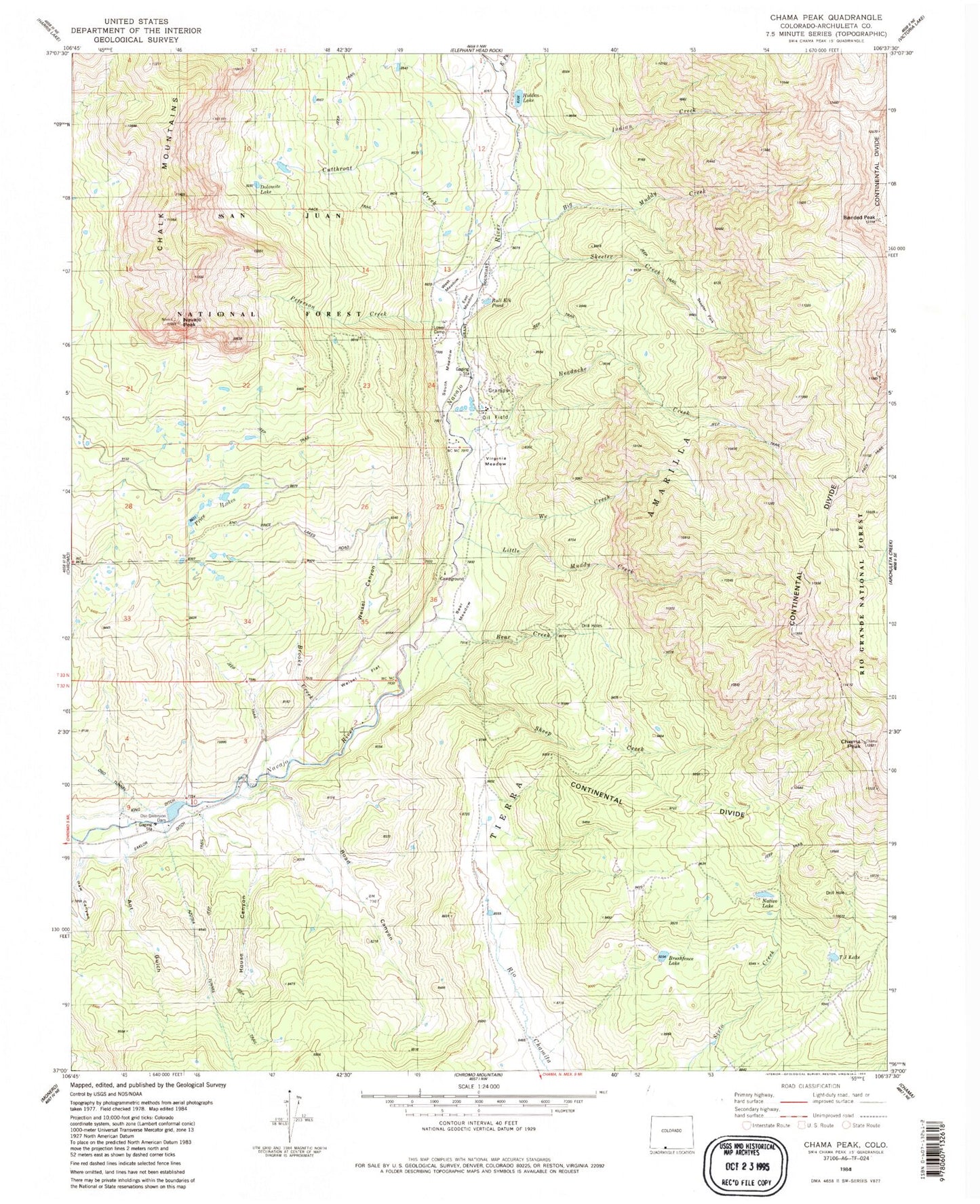 Classic USGS Chama Peak Colorado 7.5'x7.5' Topo Map Image