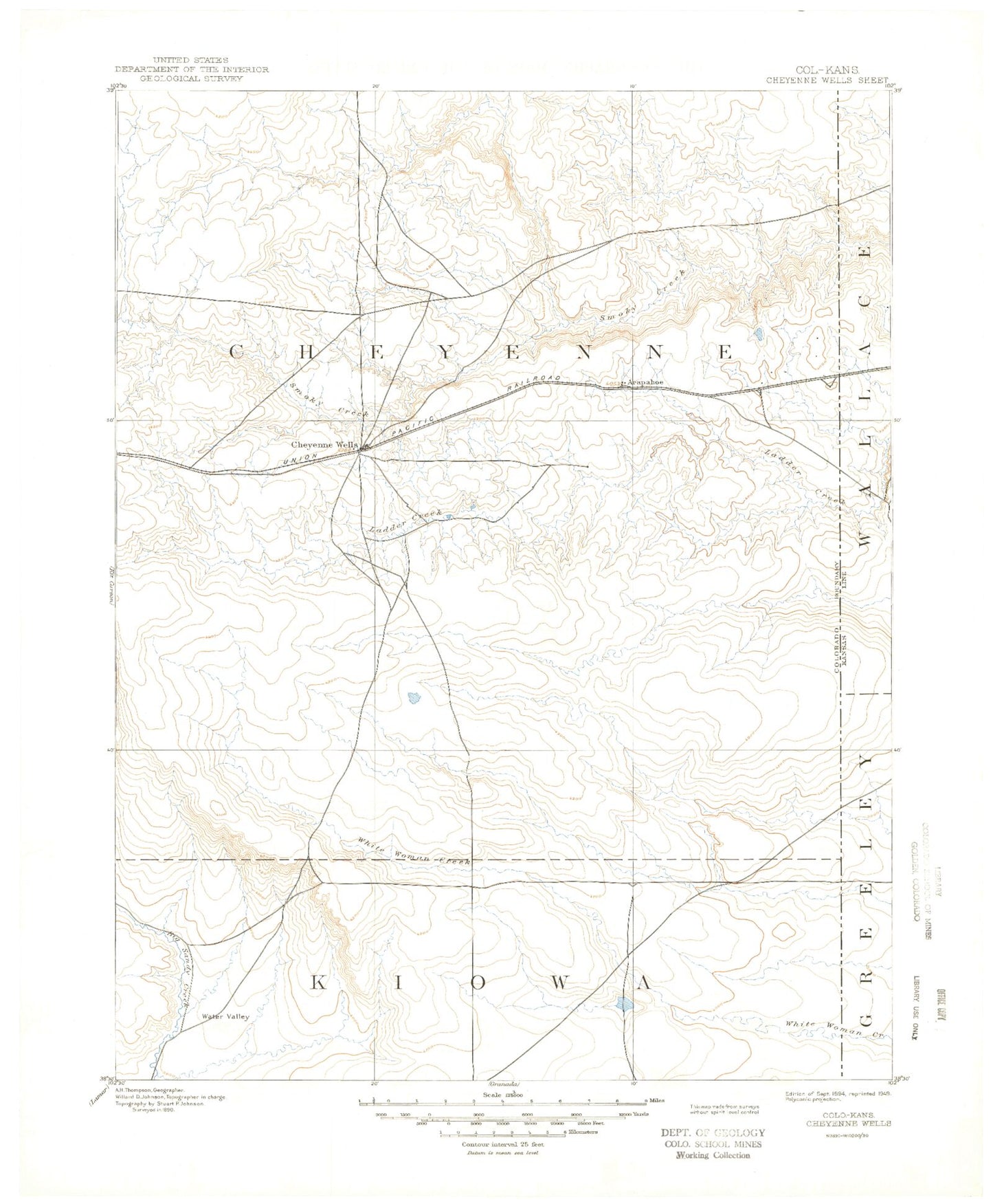 Historic 1894 Cheyenne Wells Colorado 30'x30' Topo Map Image
