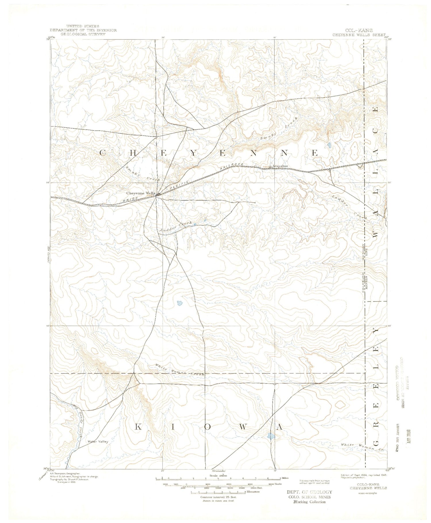 Historic 1894 Cheyenne Wells Colorado 30'x30' Topo Map Image