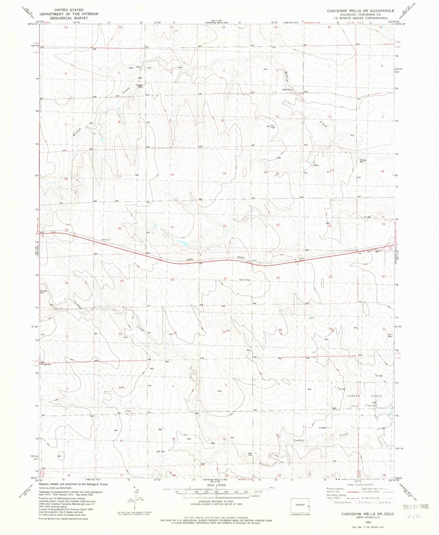 Classic USGS Cheyenne Wells SW Colorado 7.5'x7.5' Topo Map Image