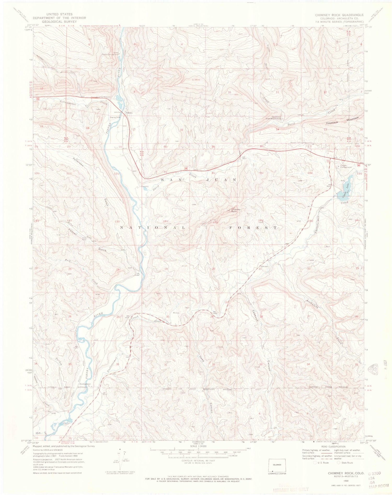 Classic USGS Chimney Rock Colorado 7.5'x7.5' Topo Map Image