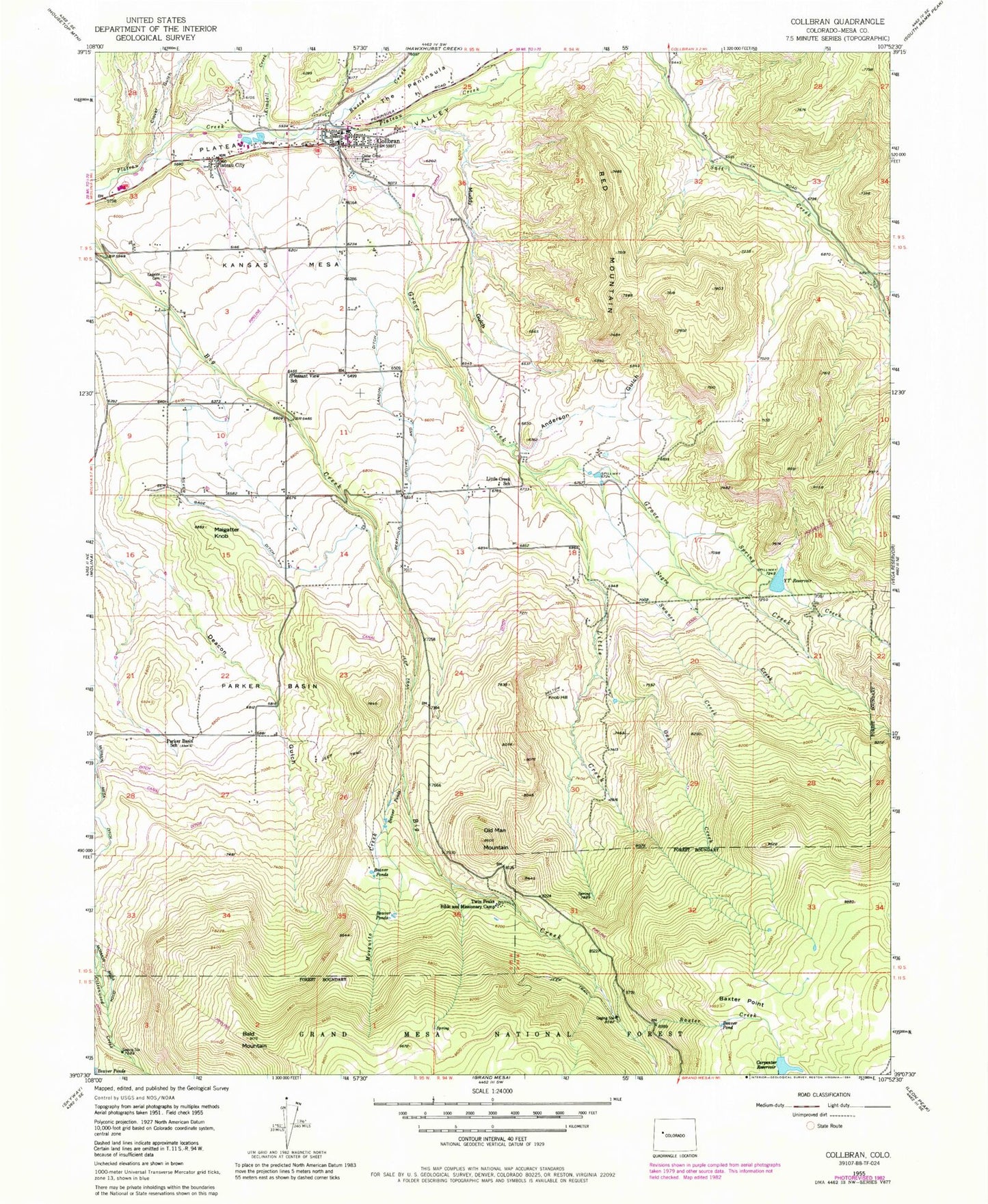 Classic USGS Collbran Colorado 7.5'x7.5' Topo Map Image