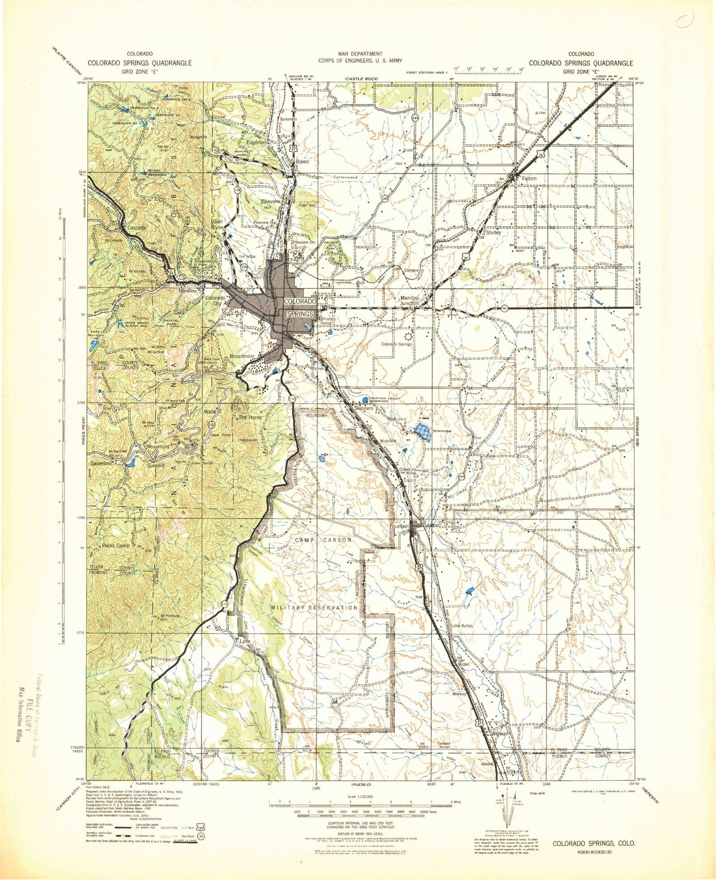 Historic 1942 Colorado Springs Colorado 30'x30' Topo Map Image