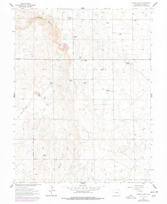 Classic USGS Corral Bluffs Colorado 7.5'x7.5' Topo Map Image