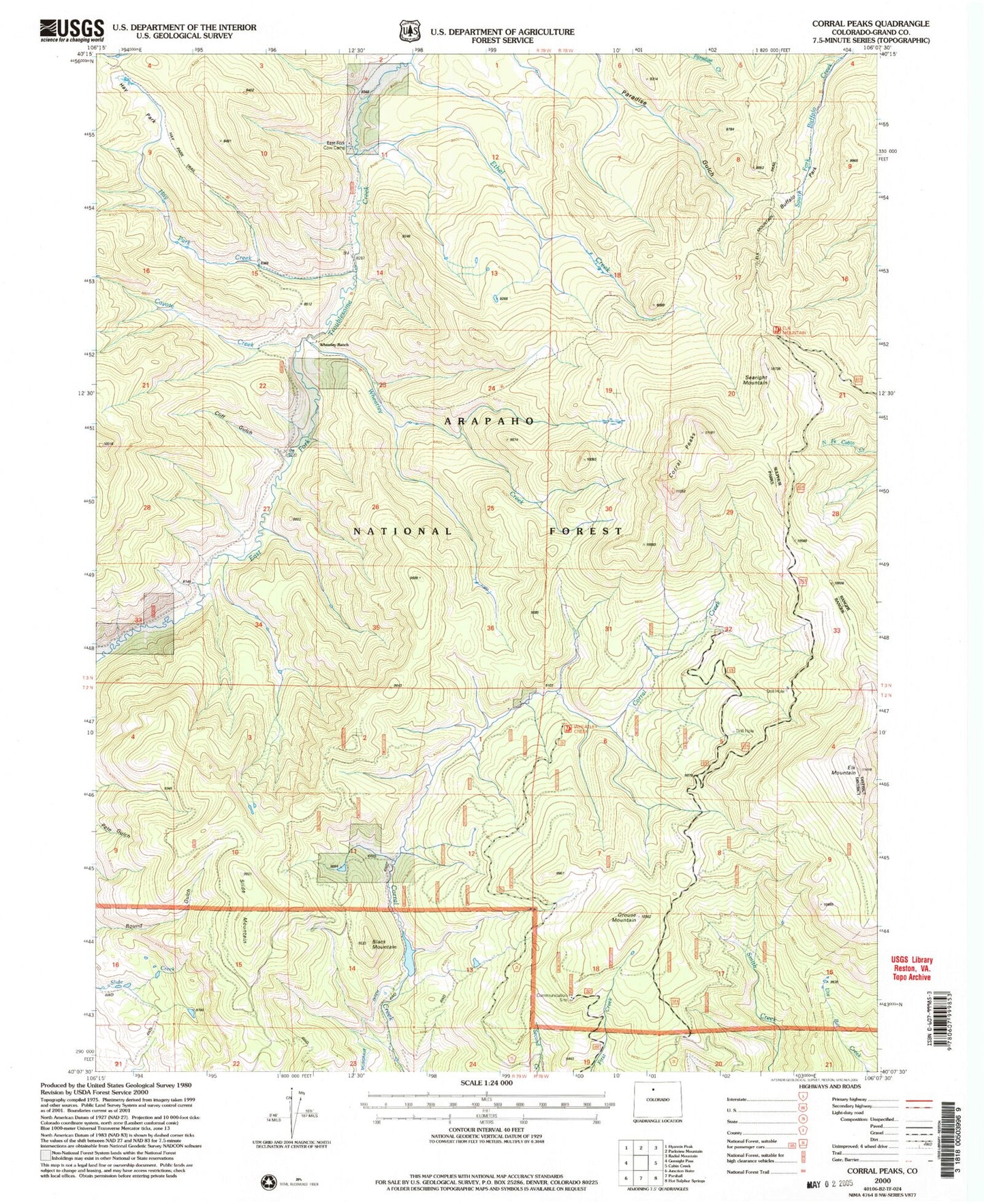 Classic USGS Corral Peaks Colorado 7.5'x7.5' Topo Map Image