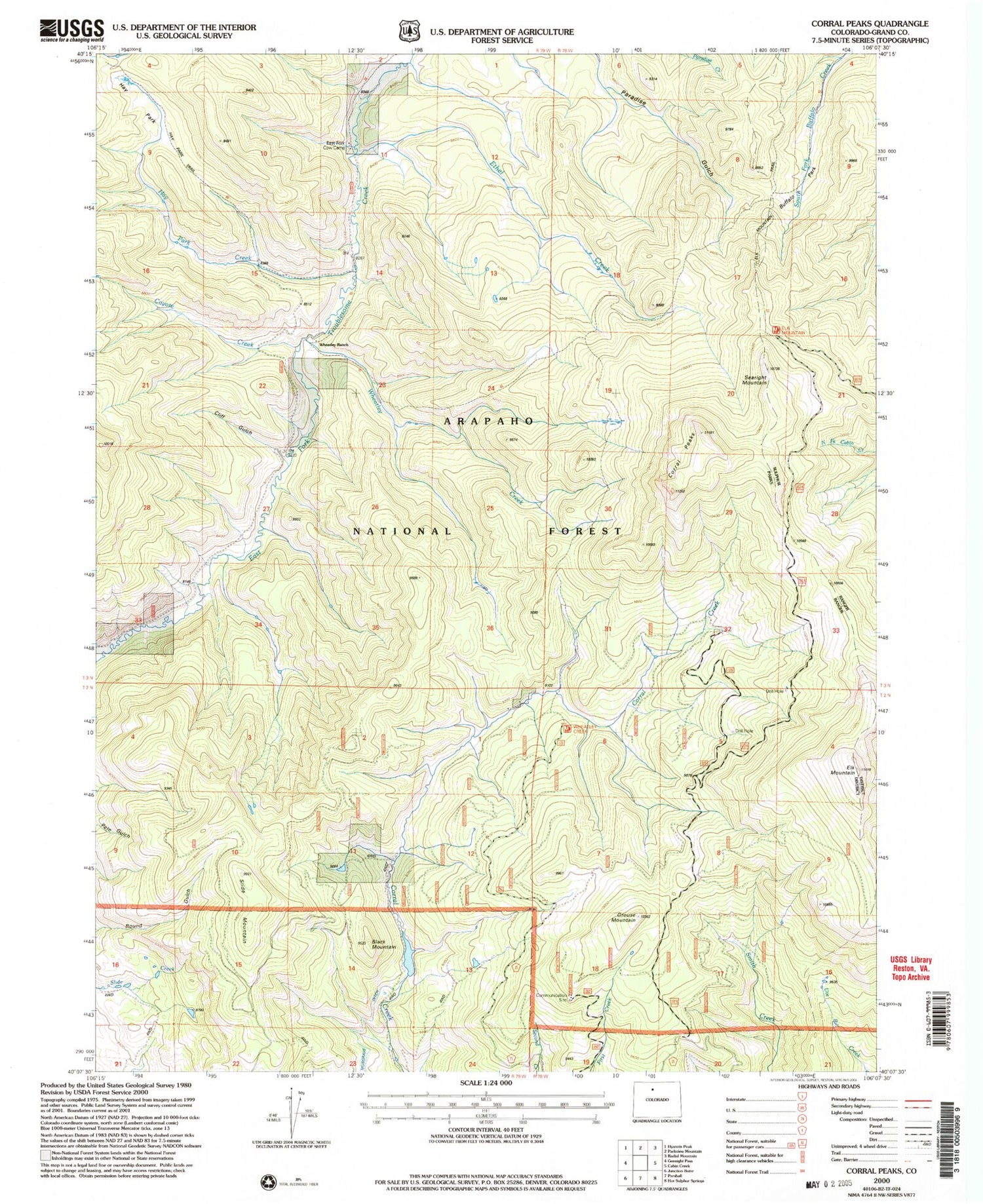 Classic USGS Corral Peaks Colorado 7.5'x7.5' Topo Map Image