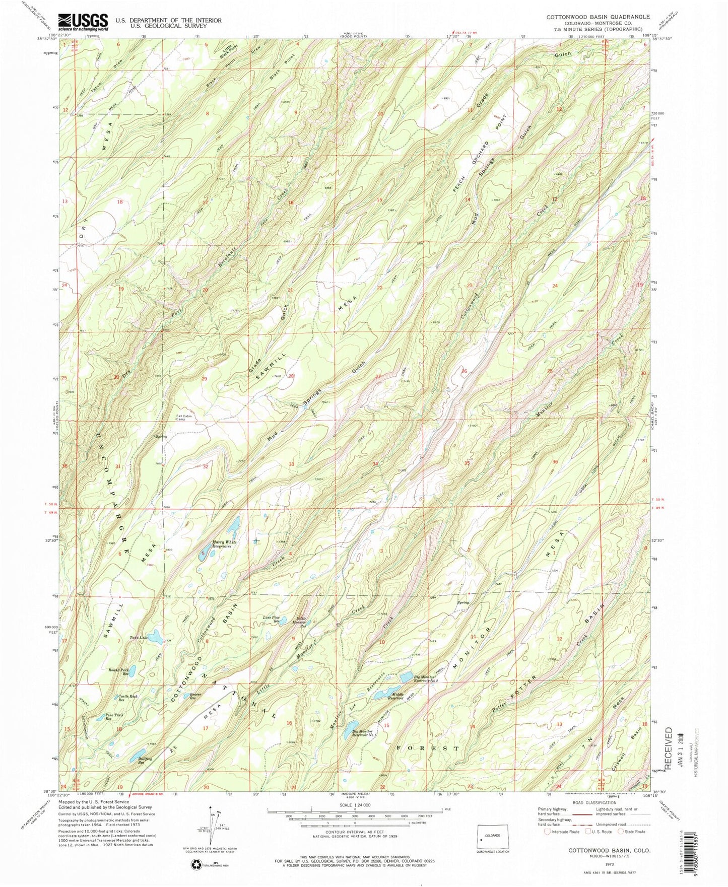 Classic USGS Cottonwood Basin Colorado 7.5'x7.5' Topo Map Image