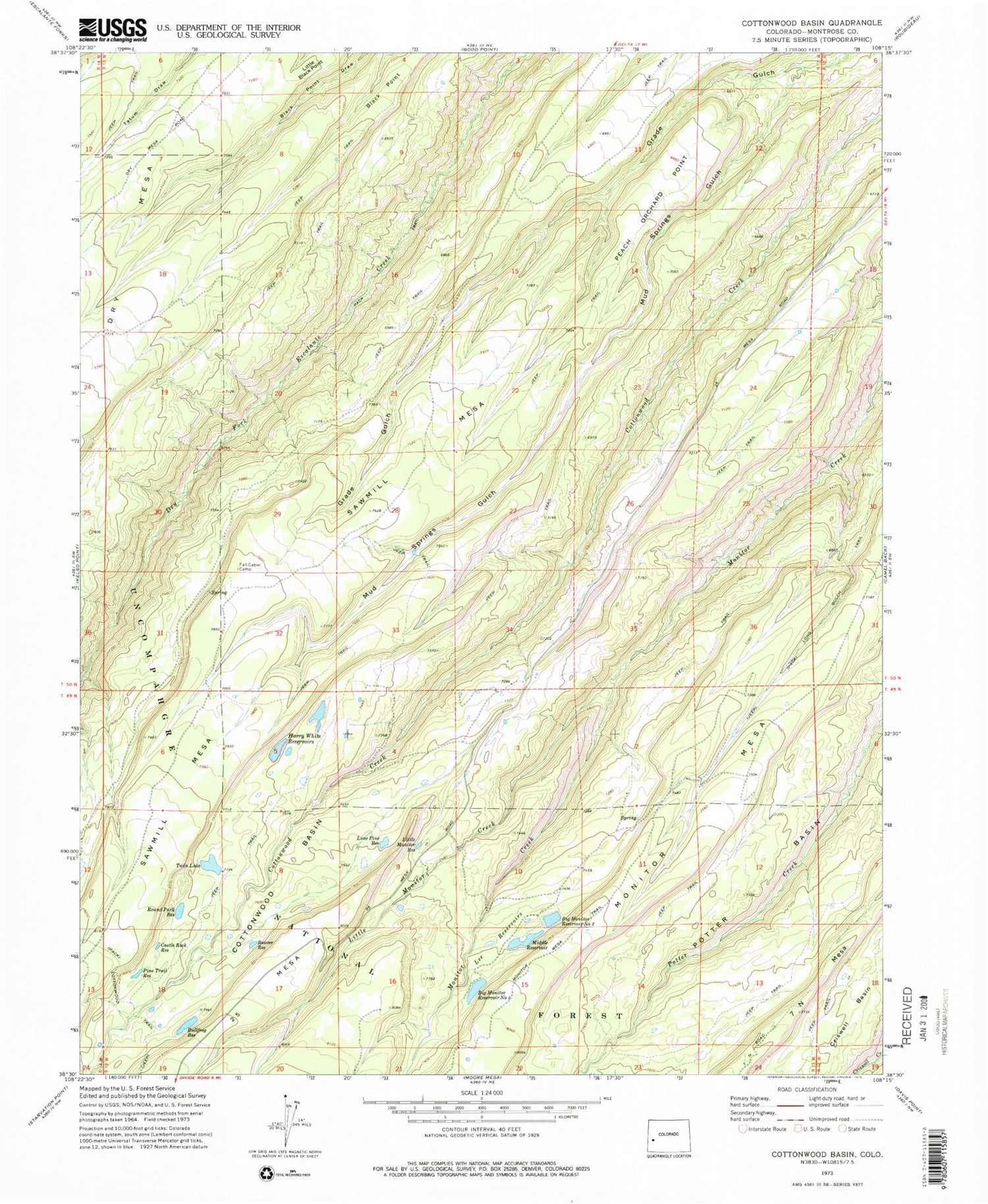 Classic USGS Cottonwood Basin Colorado 7.5'x7.5' Topo Map Image