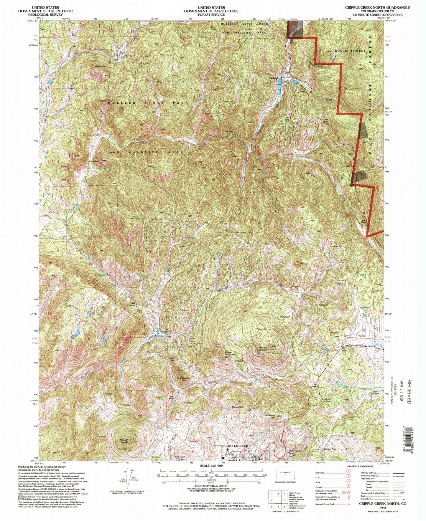 Classic USGS Cripple Creek North Colorado 7.5'x7.5' Topo Map Image