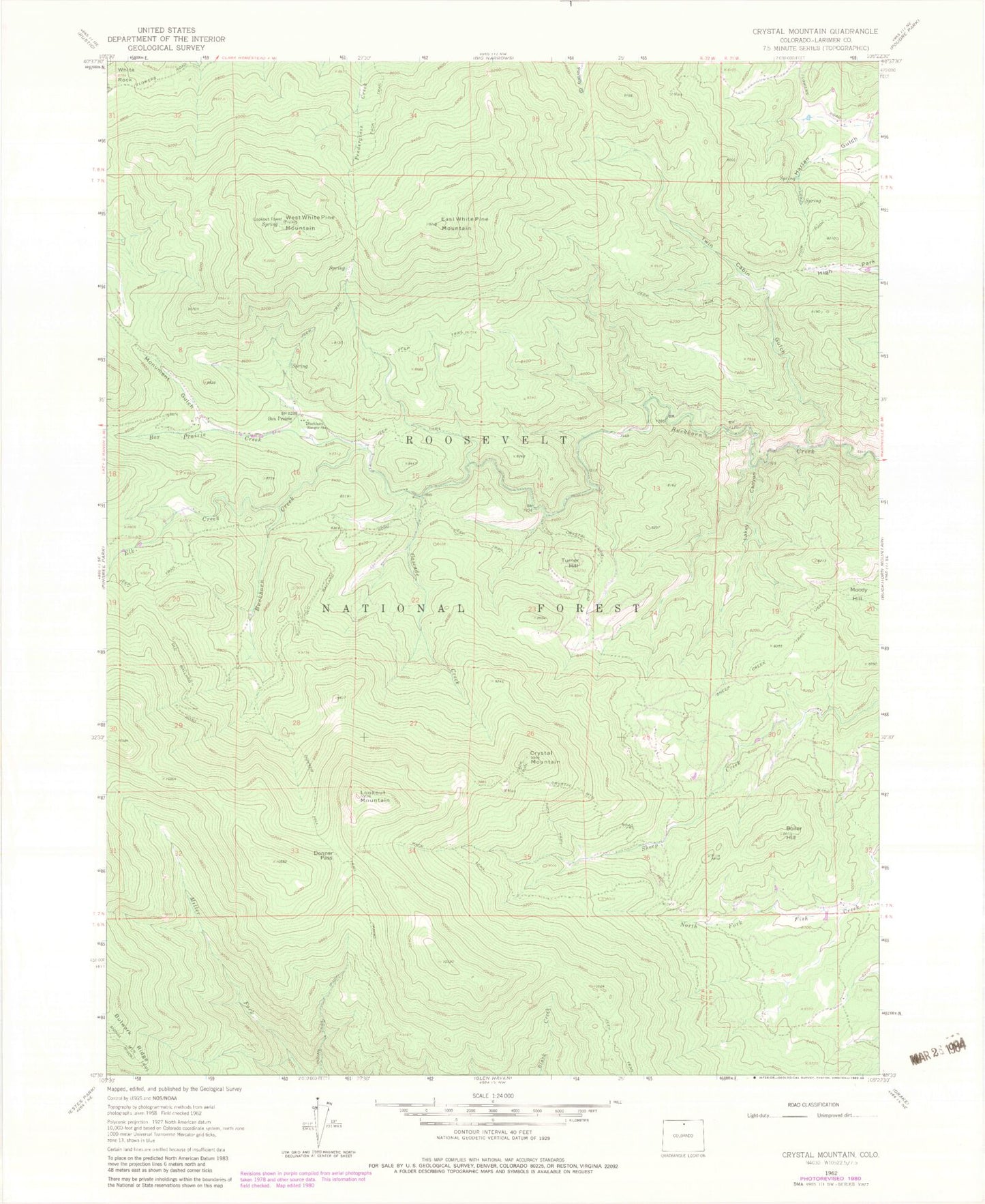 Classic USGS Crystal Mountain Colorado 7.5'x7.5' Topo Map Image