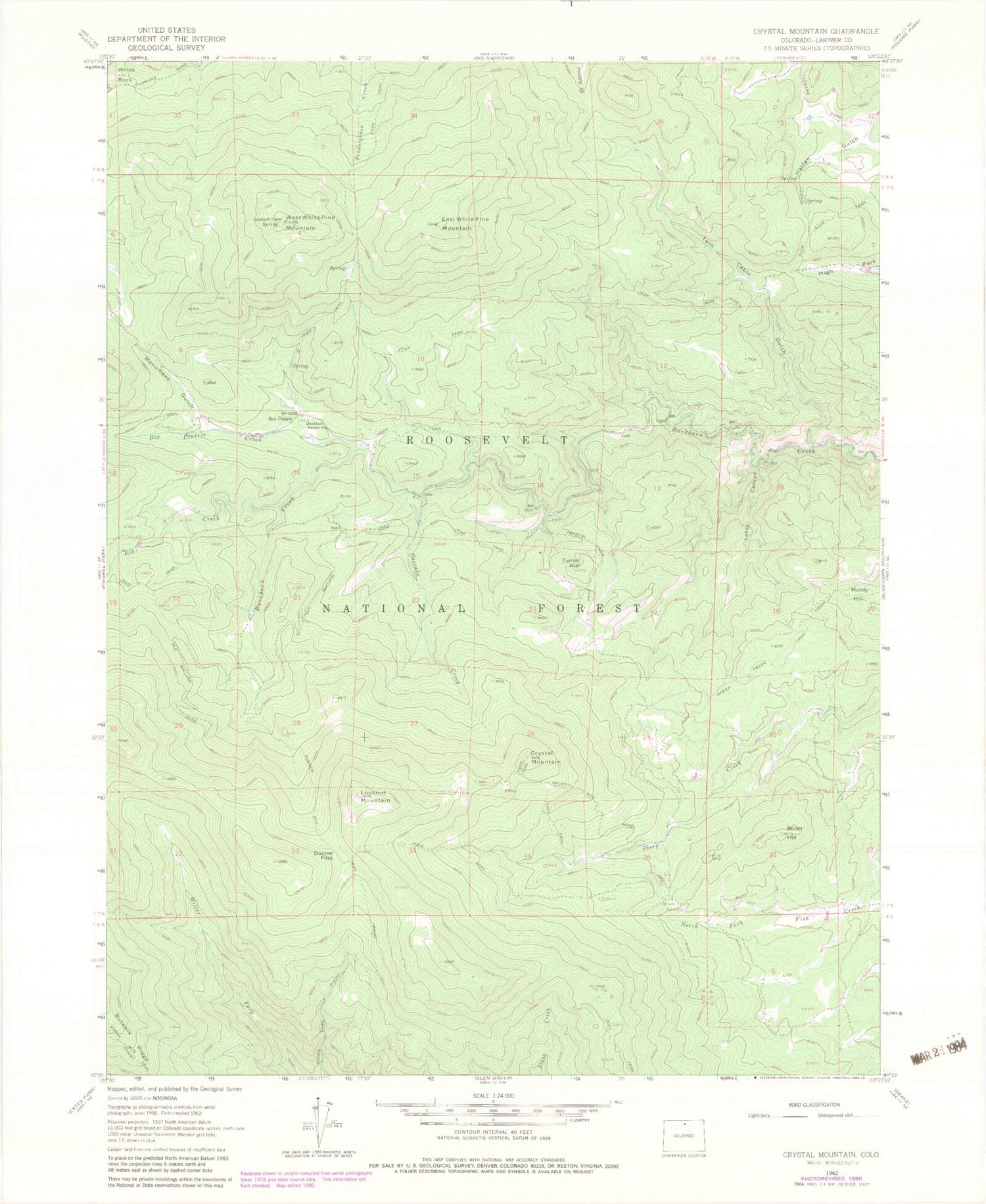 Classic USGS Crystal Mountain Colorado 7.5'x7.5' Topo Map Image